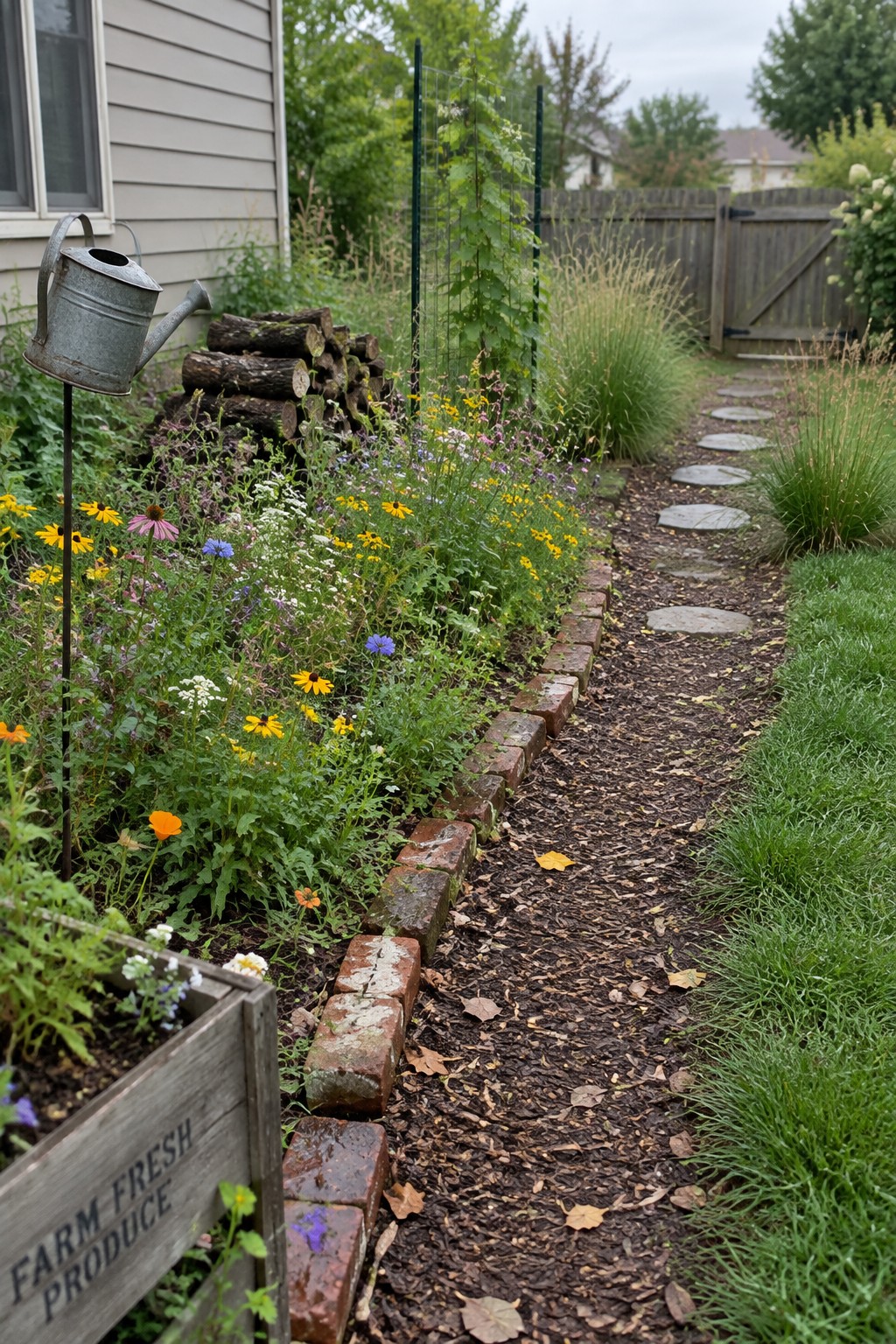 Garden path edged with bricks, wildflowers, stepping stones, and watering can.