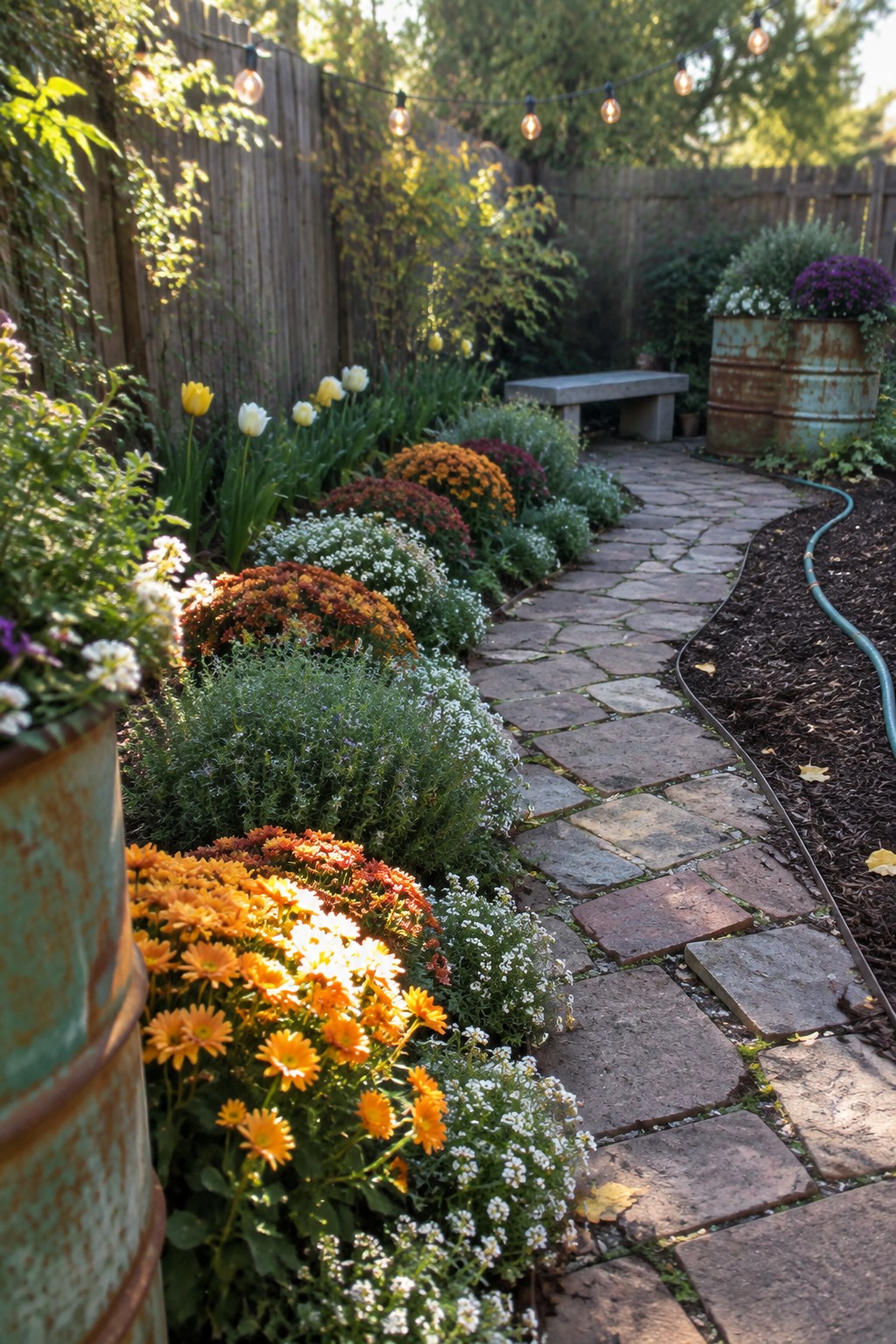 A winding stone path runs through a backyard garden bordered by dense rows of orange, white, and green flowering plants with rusted metal planters visible on the left.