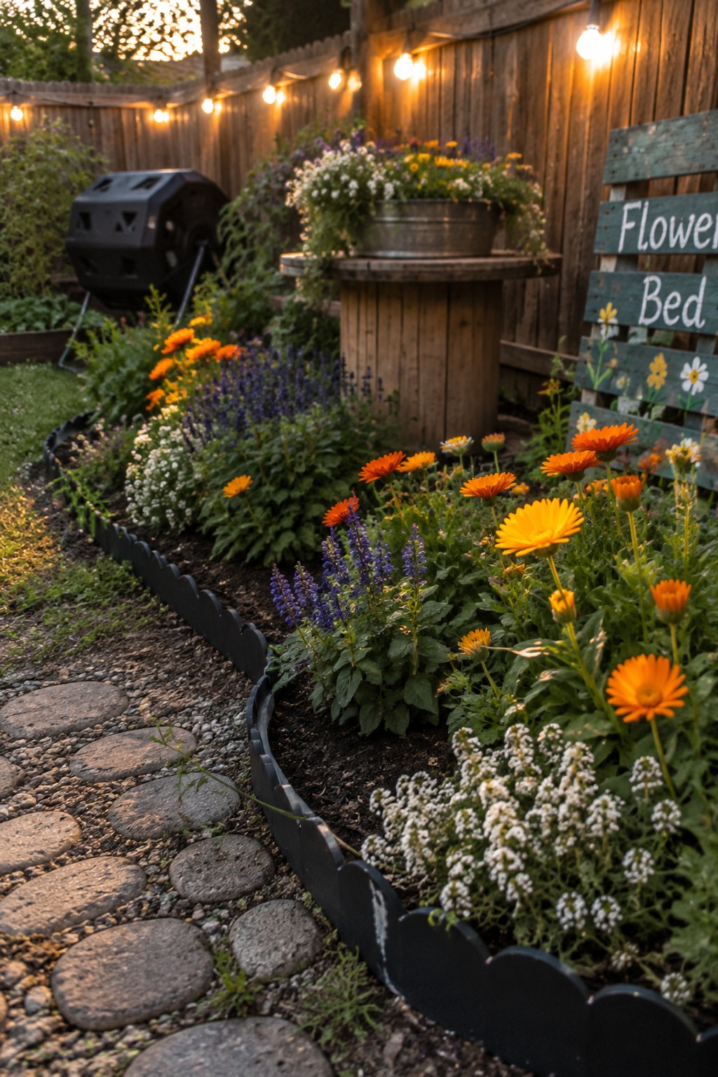 A backyard flower bed with black scalloped edging borders a curved stone path filled with orange, yellow, purple, and white flowers, next to a wooden fence with string lights.