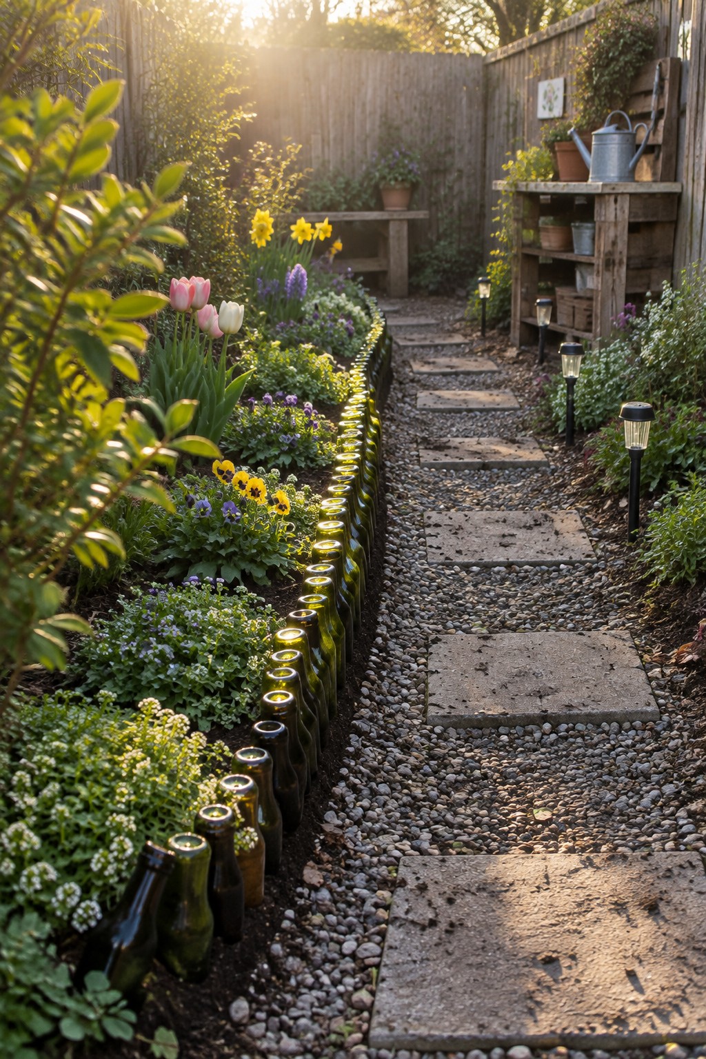Garden path edged with green glass bottles amid colorful flowers and stone steps