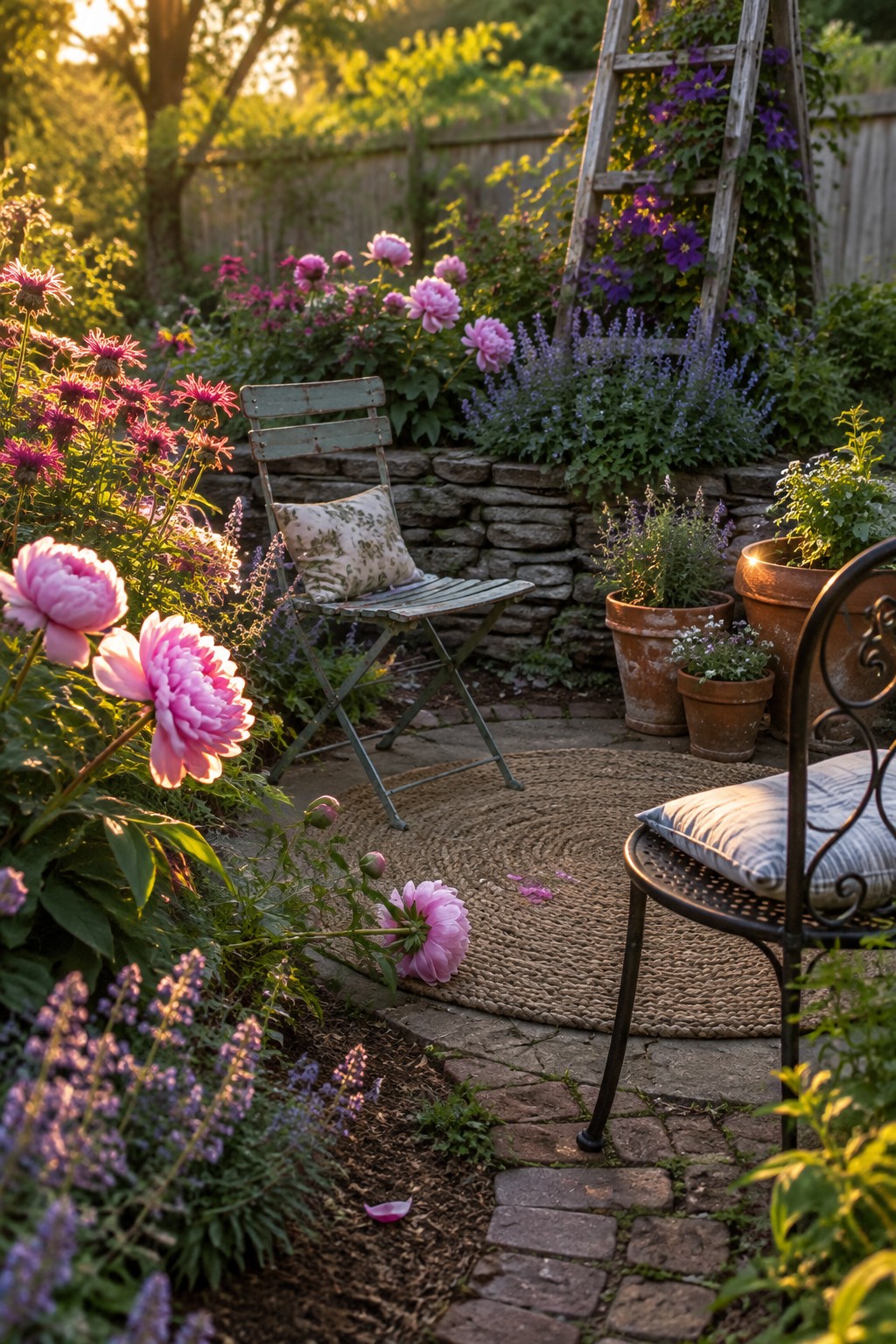 A backyard garden with layered pink and purple flowers in beds along a brick path and stone wall, including a folding chair on a round rug and potted plants nearby.