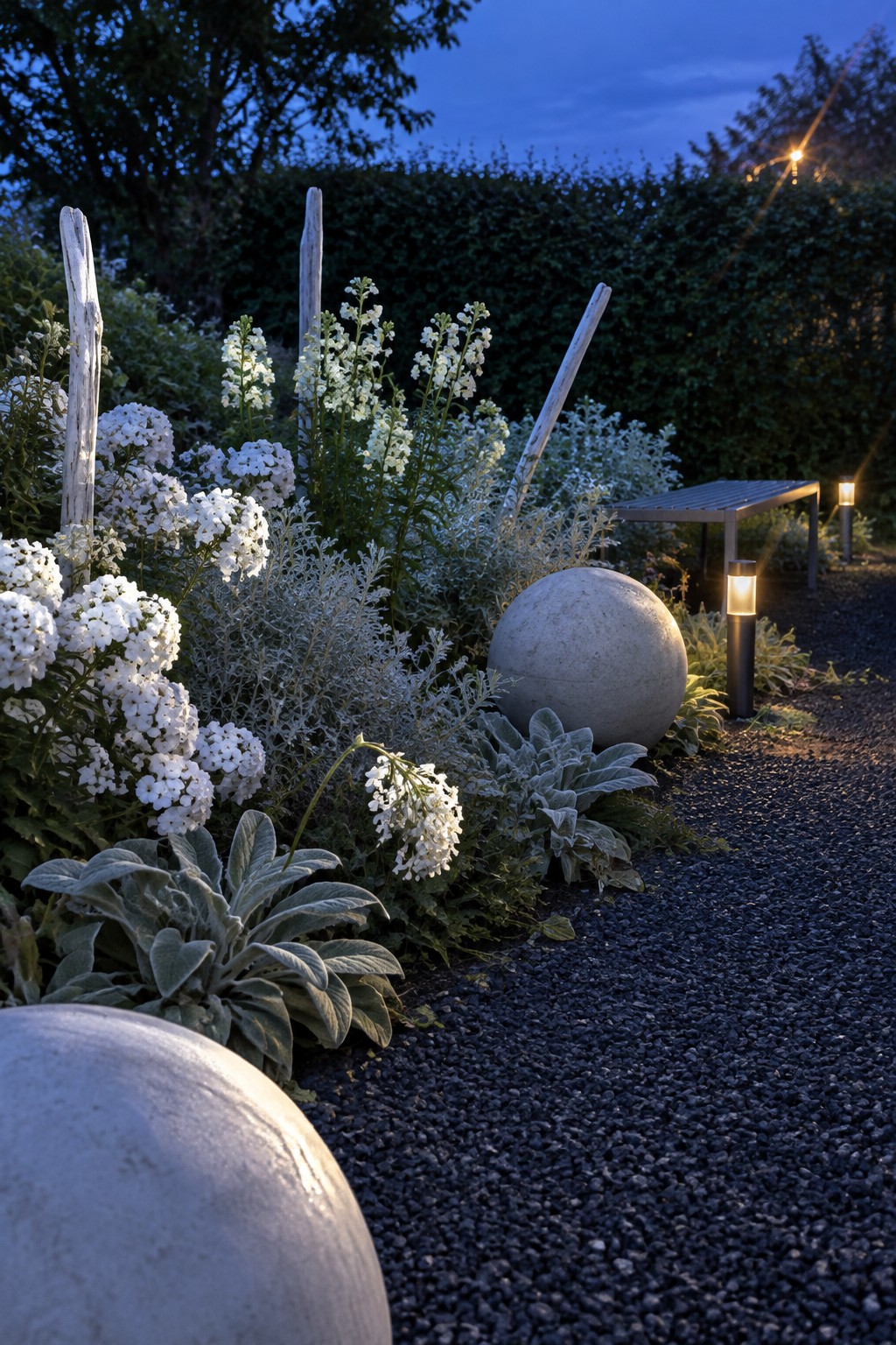 A garden bed at dusk with white flowering plants, silvery foliage, a gravel path, a large stone sphere, and two path lights.