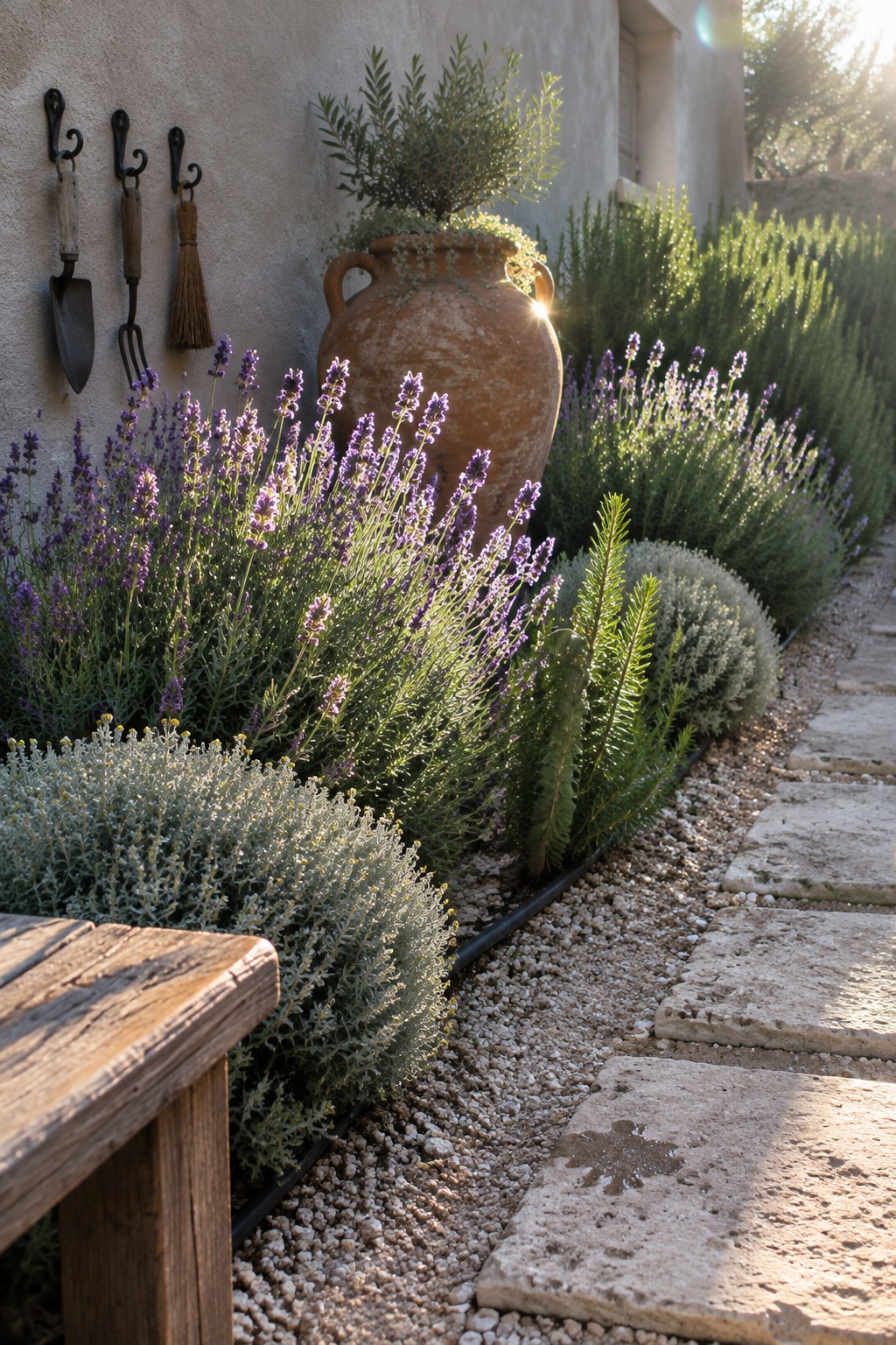A garden bed with purple lavender, silvery foliage plants, and a large terracotta pot placed among gravel and stone stepping stones.