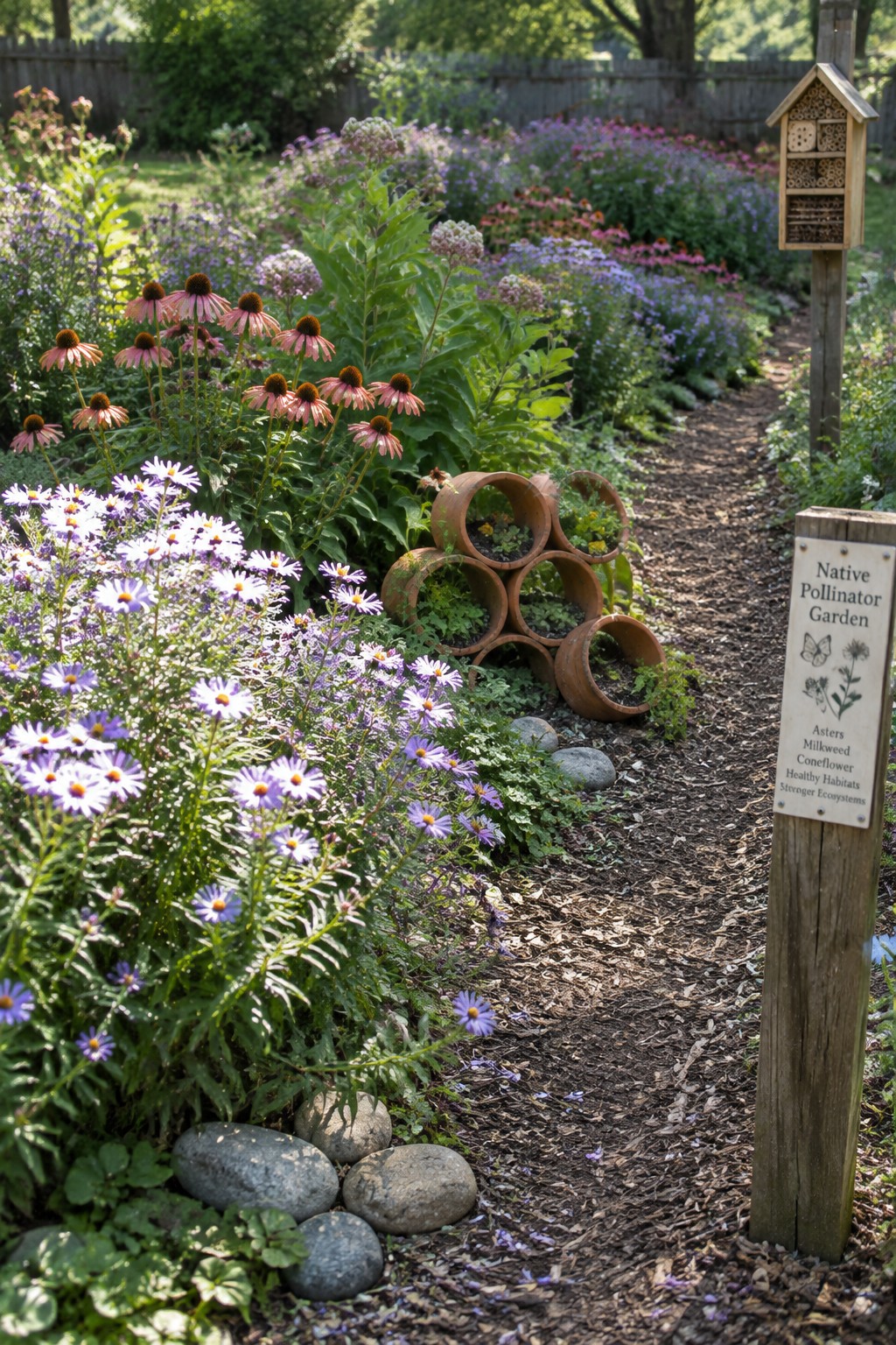 A mulched garden path bordered by purple asters and pink coneflowers, with stacked terracotta pipes, rocks, and a wooden sign reading Native Pollinator Garden.