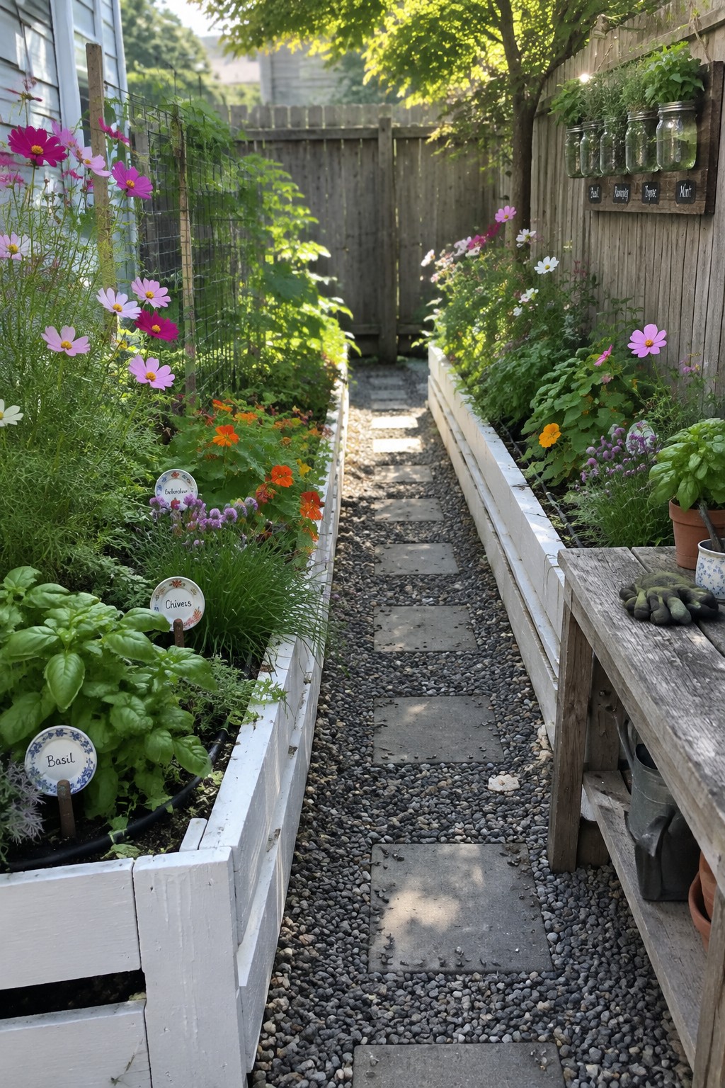 Gravel path with stepping stones between white raised beds of pink flowers and herbs