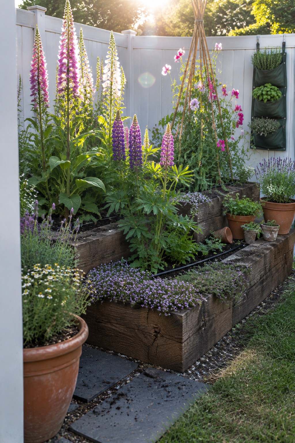 A backyard garden featuring multiple raised wooden flower beds planted with tall pink and purple foxgloves, purple lupines, and low purple ground cover, set against a white fence with terracotta pots nearby.