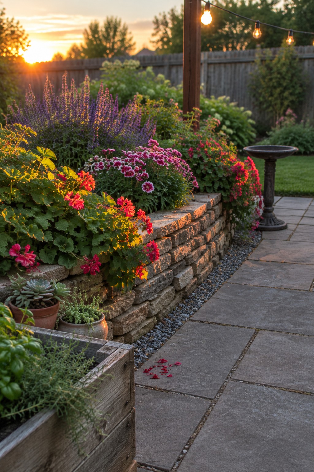A backyard scene showing a low stacked stone retaining wall filled with colorful flowers including red geraniums and purple salvia, bordered by a stone patio and potted plants.