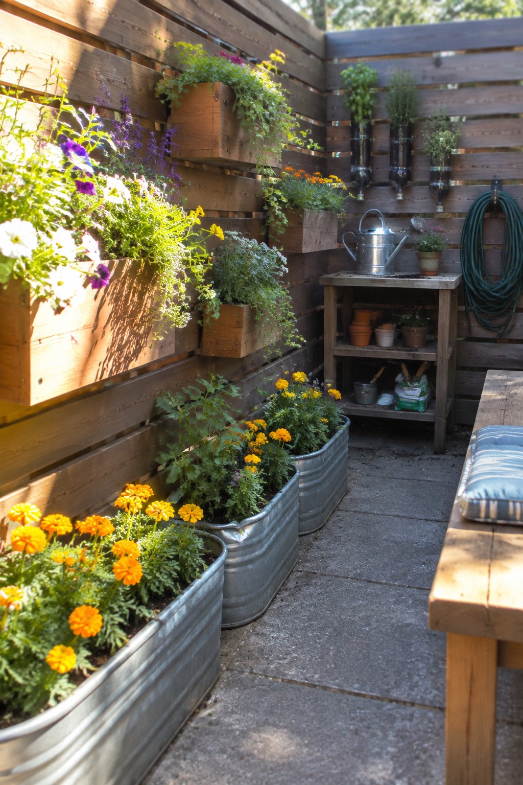 A backyard corner with wooden wall-mounted planters, metal troughs filled with orange and yellow flowers, and a small potting bench against a slatted fence.