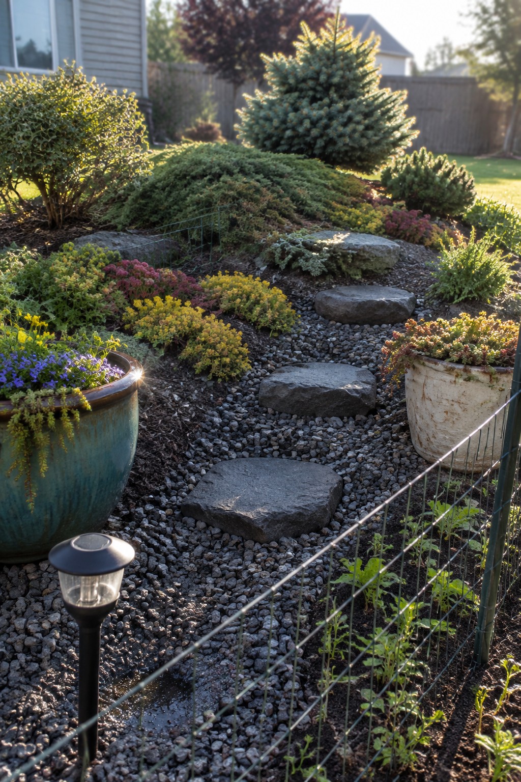 A backyard garden path of large flat stepping stones set into gray gravel, bordered by flower beds with colorful plants, two large pots, and a solar light.