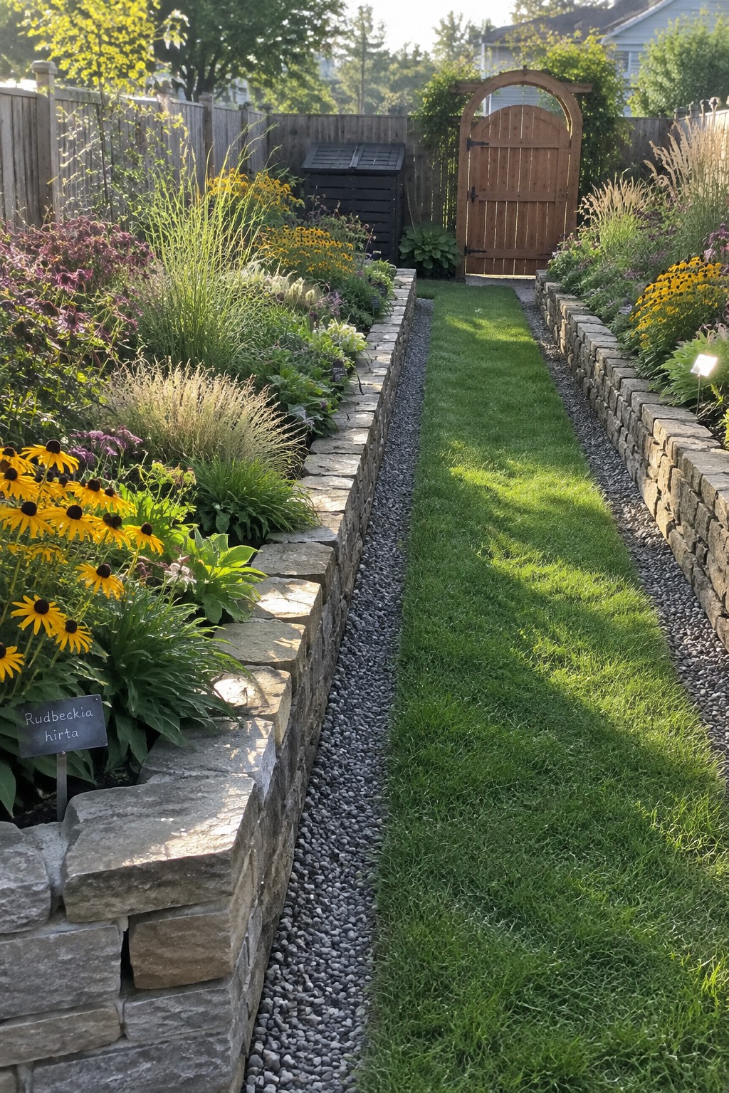 Stone-walled garden bed of yellow Rudbeckia hirta beside long grassy path and wooden gate