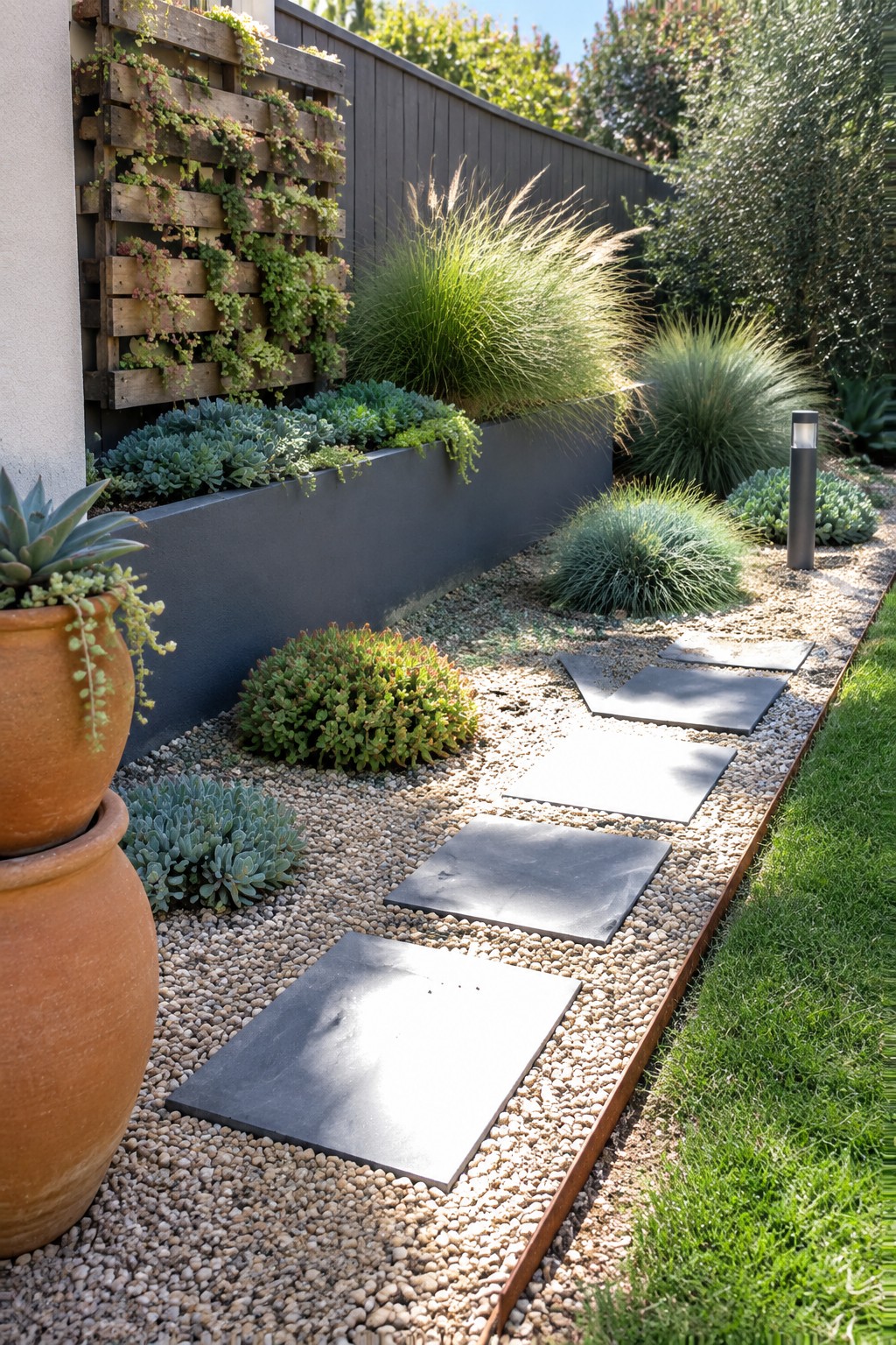 A wooden pallet mounted on an exterior wall holds rows of succulents above a gravel path lined with dark stepping stones and low planting beds.
