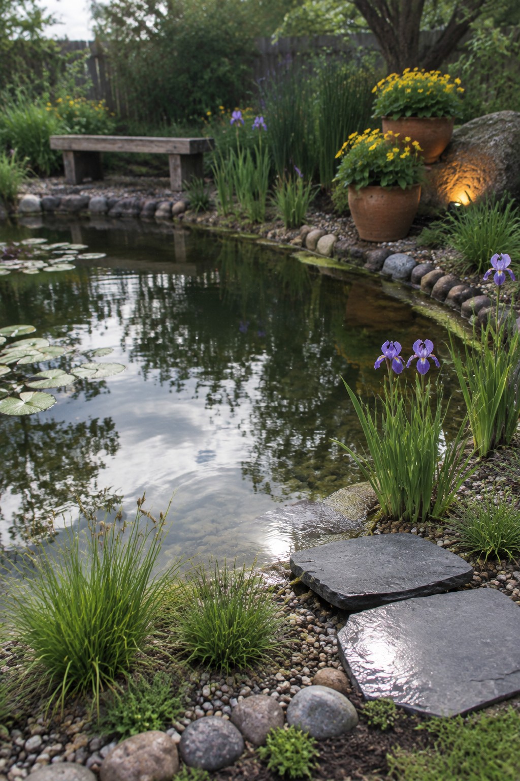 A backyard pond bordered by flat stepping stones, rocks, and clusters of purple irises with lily pads on the water.