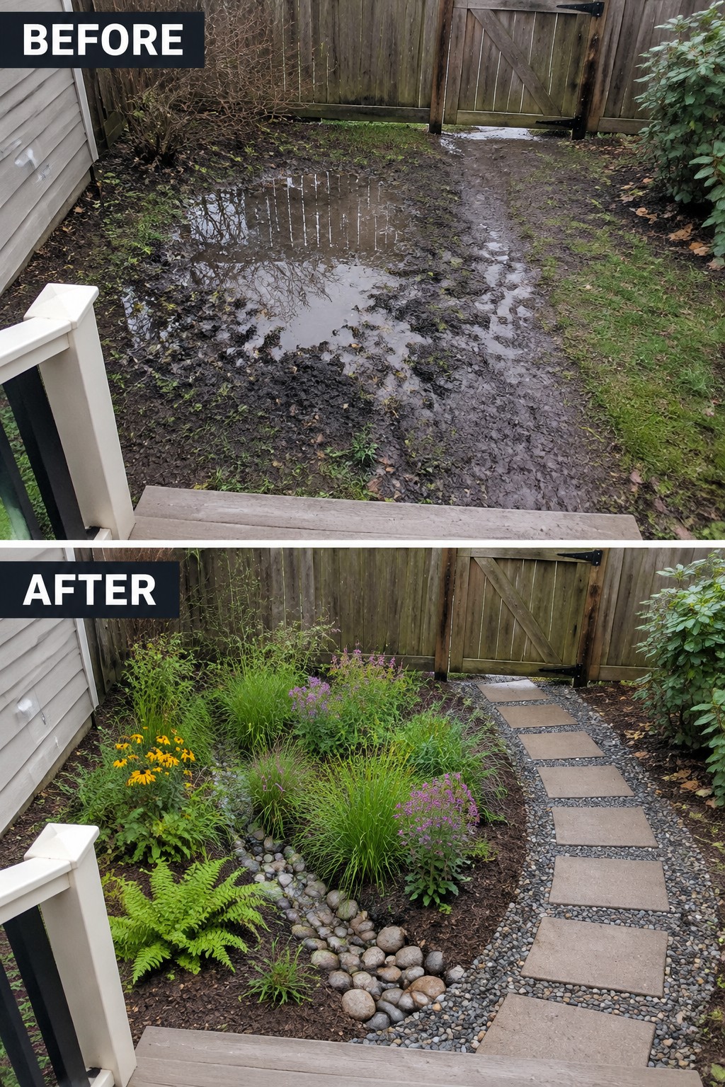 Before and after backyard: muddy puddle transformed into garden with stone path and plants.