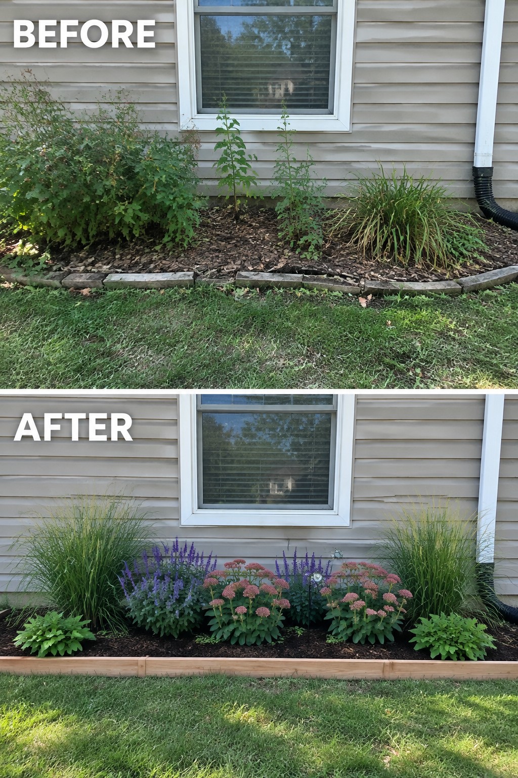 Before and after views of a house garden bed with purple flowers and grasses