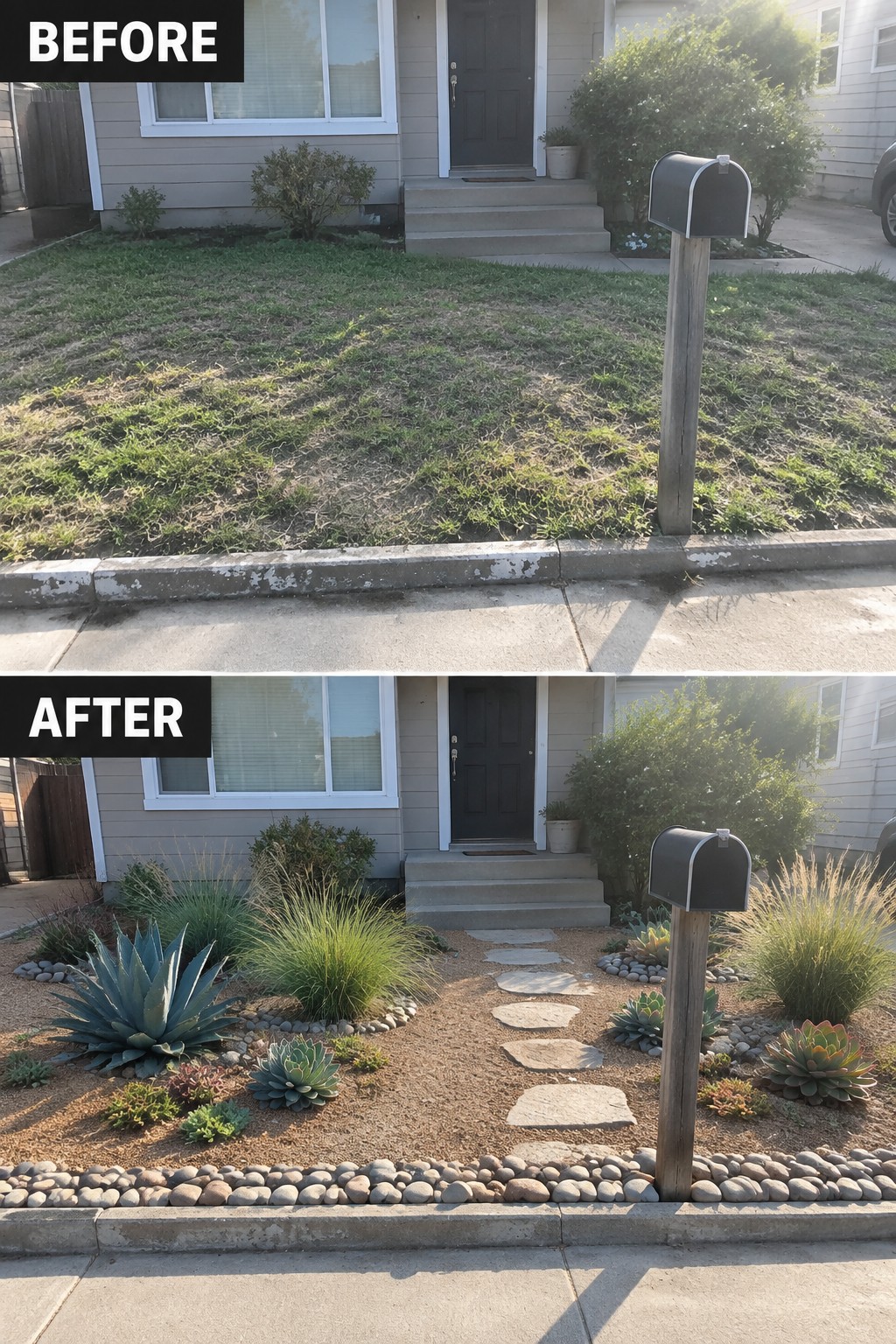Before and after of house front yard transformed from patchy lawn to succulent rock garden with path