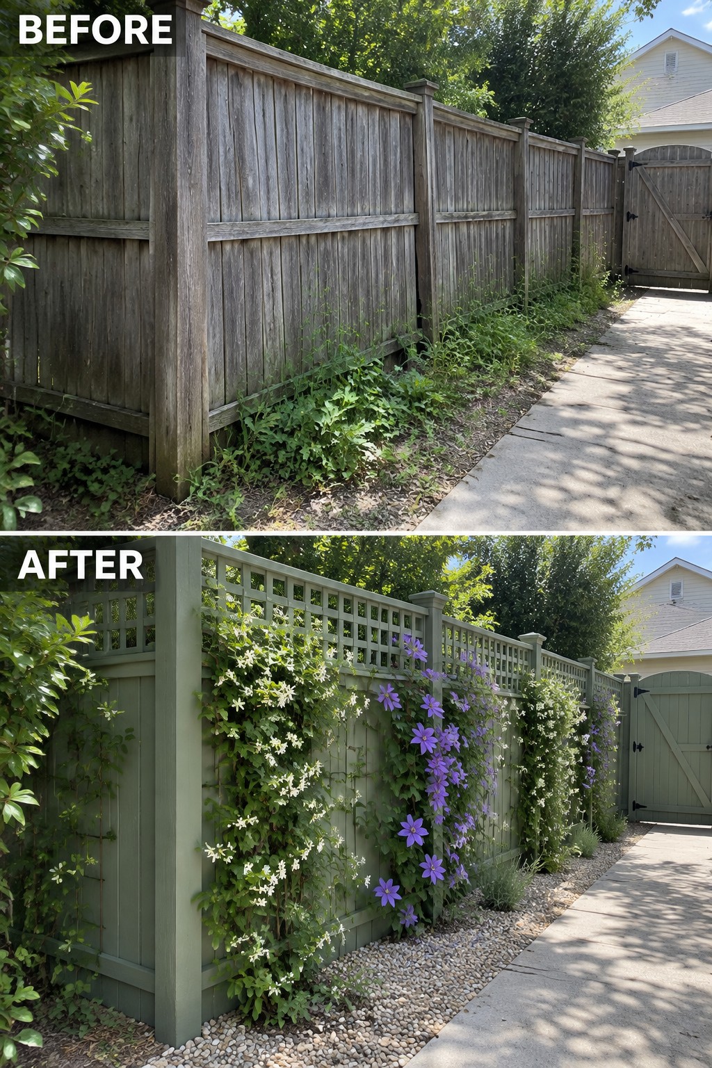 Before and after of wooden fence painted green with white and purple flowering vines.