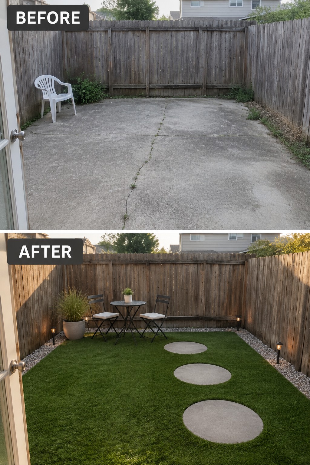 Before and after backyard: concrete slab transformed into artificial turf lawn with furniture