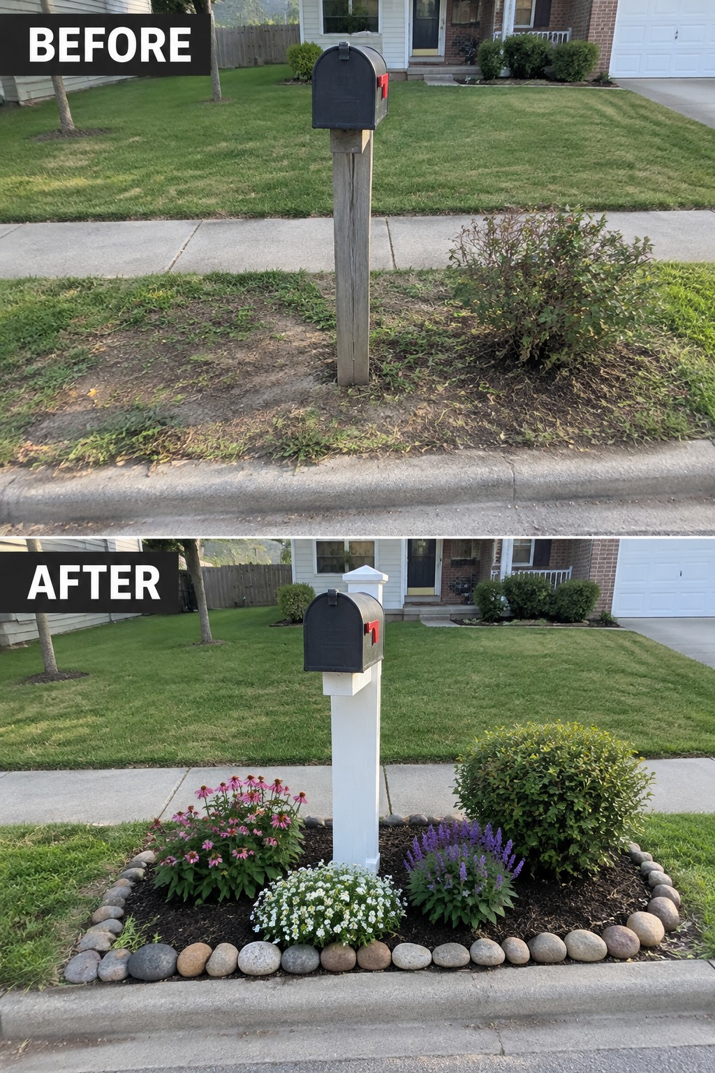 Before-and-after image of a mailbox post area changed from bare dirt to a mulched garden bed with flowers, plants, and stone edging.