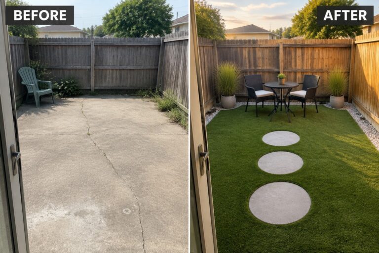 Before and after backyard: concrete slab transformed into artificial turf lawn with furniture