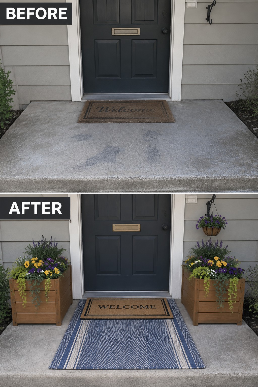 Before-and-after image of a plain concrete front porch transformed with two wooden planters, a larger striped rug, and a hanging plant.