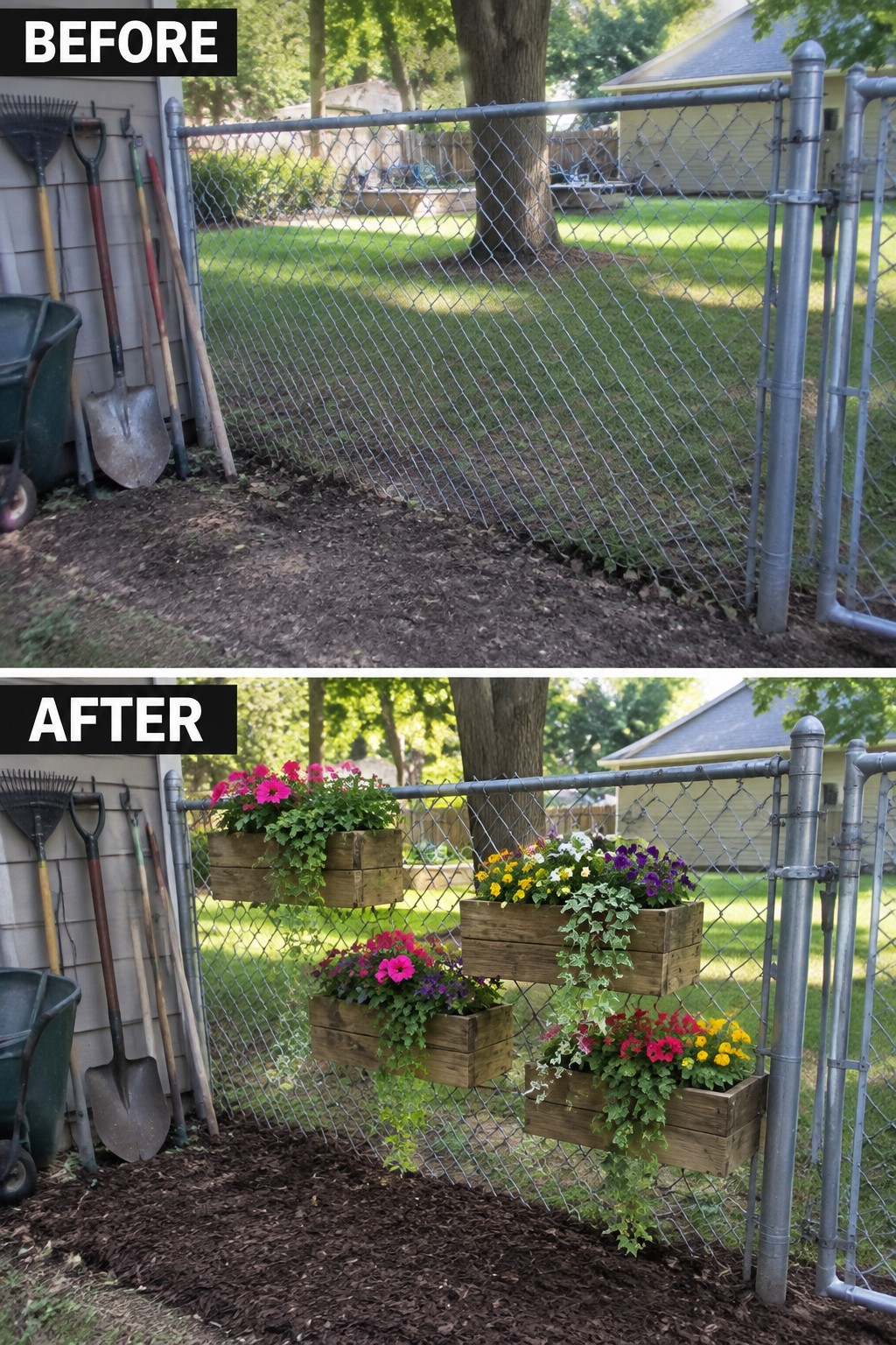 Before-and-after image of a chain-link fence area transformed by mounting wooden planters with flowers onto the fence and adding mulch along the base.