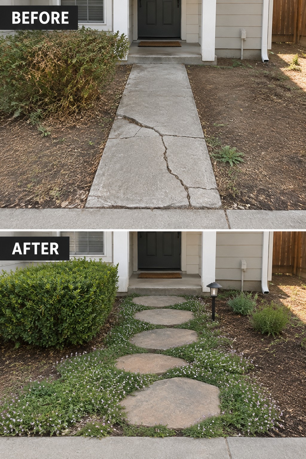 Before-and-after of cracked concrete walkway transformed into stepping stones with lush ground cover.