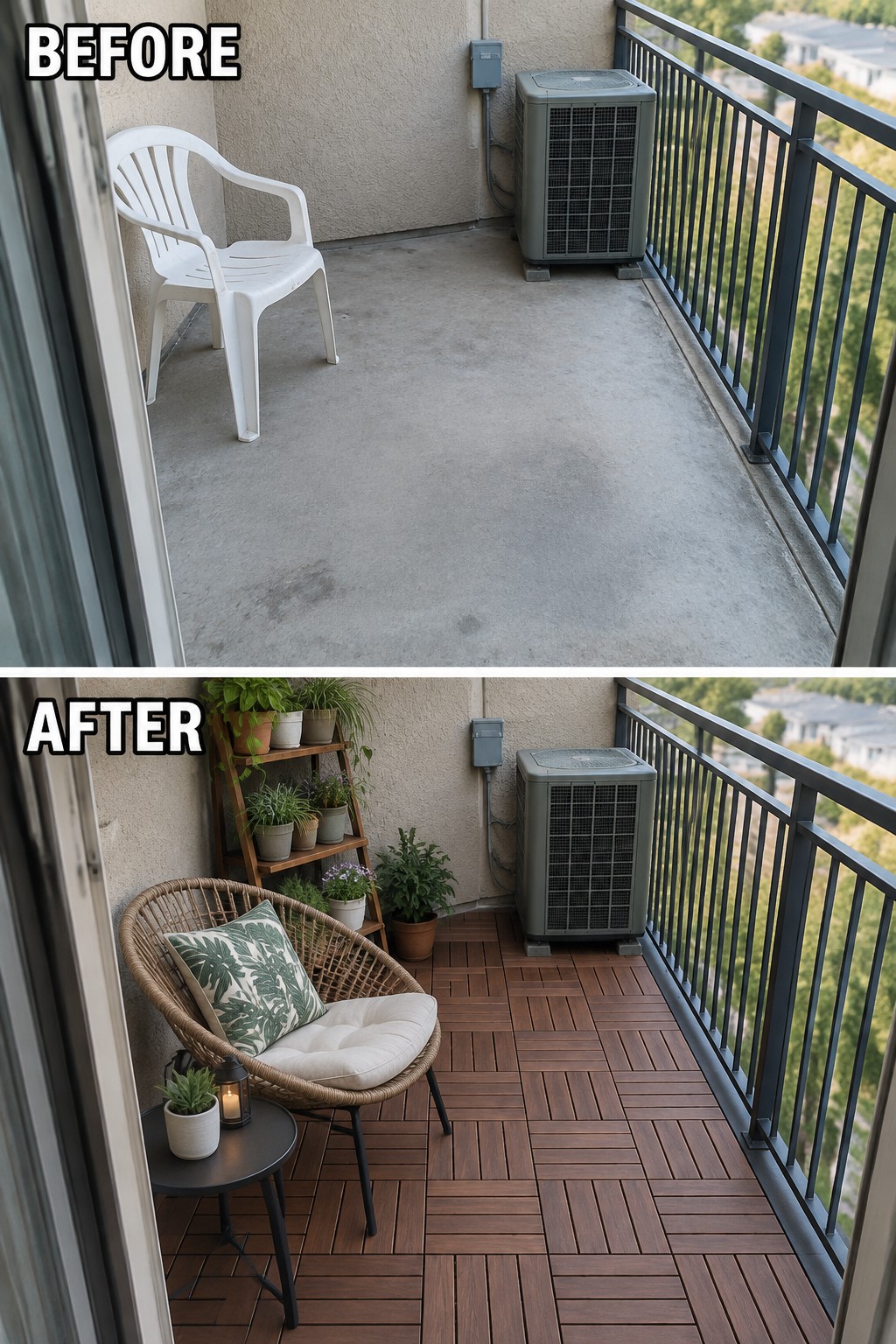 Before and after balcony views: bare concrete transformed into wooden deck with chair and plants.