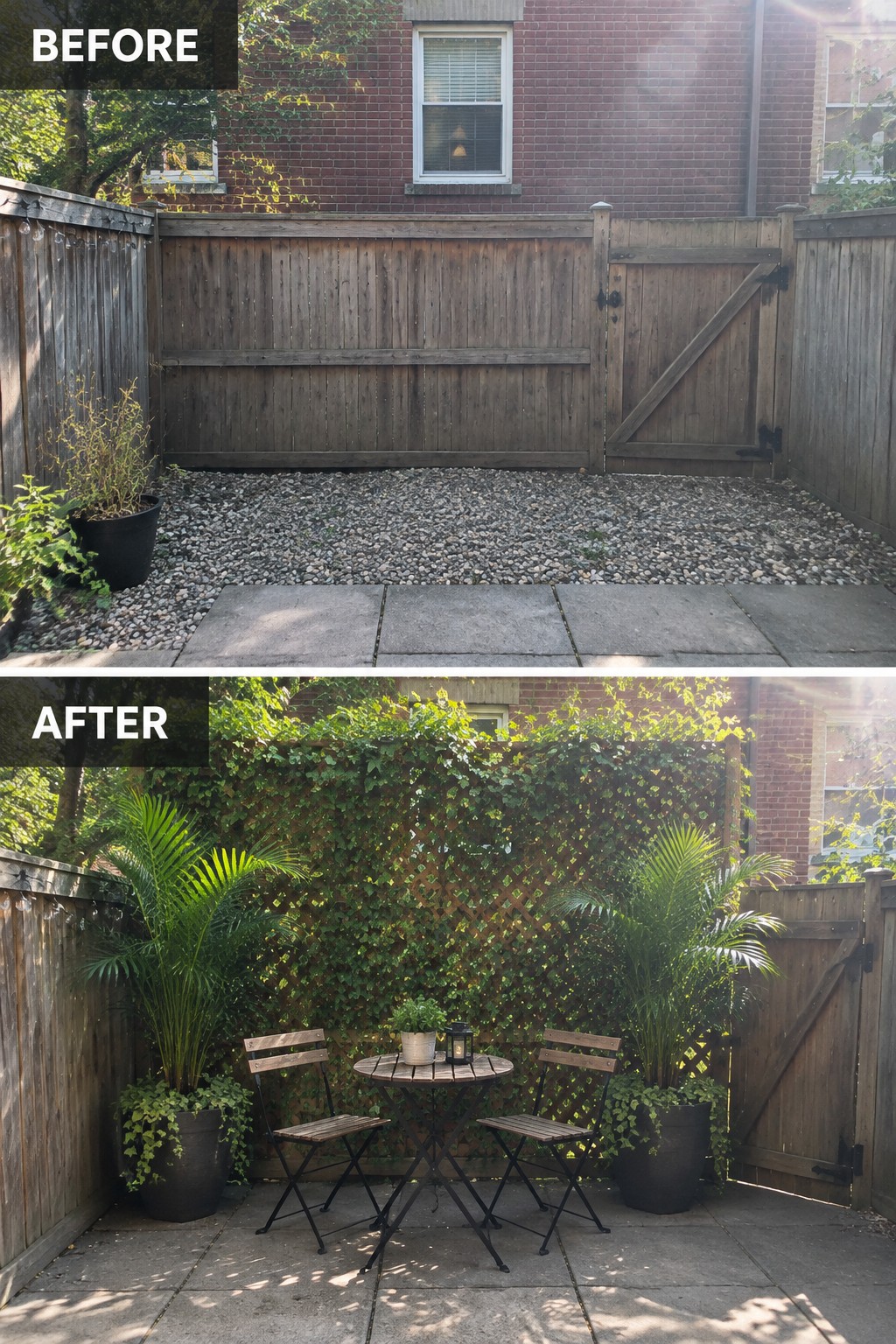 Before gravel courtyard and after ivy-covered patio with bistro table and palms