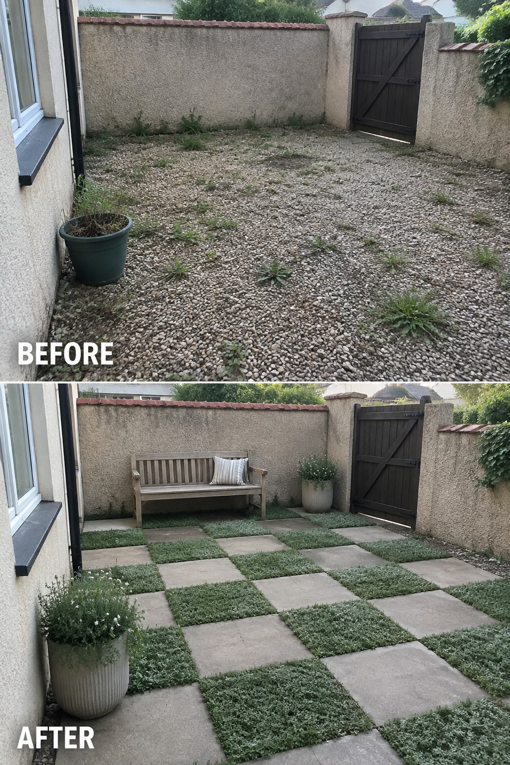 Before-and-after backyard: gravel yard transformed into checkered pavers and artificial grass with bench