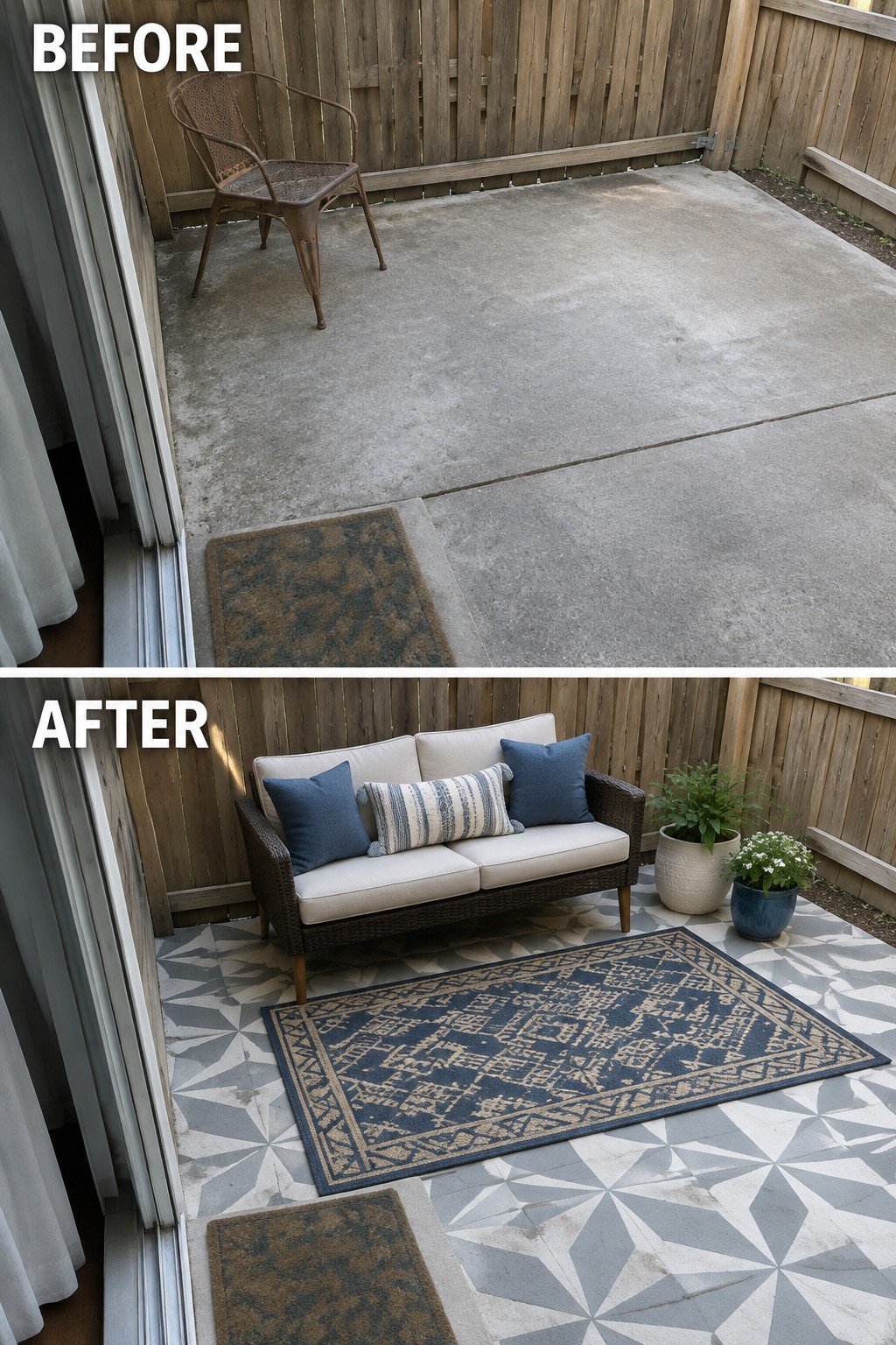 Before bare concrete patio with chair, after with sofa, rug, plants on tiled floor.