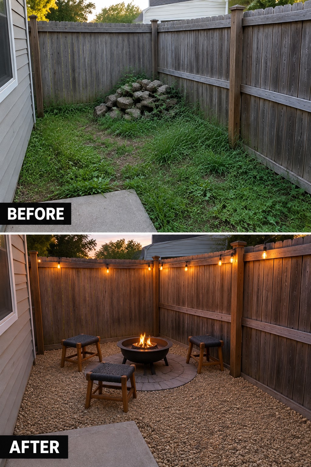 Before-and-after backyard transformation: overgrown weeds to fire pit with string lights and stools.
