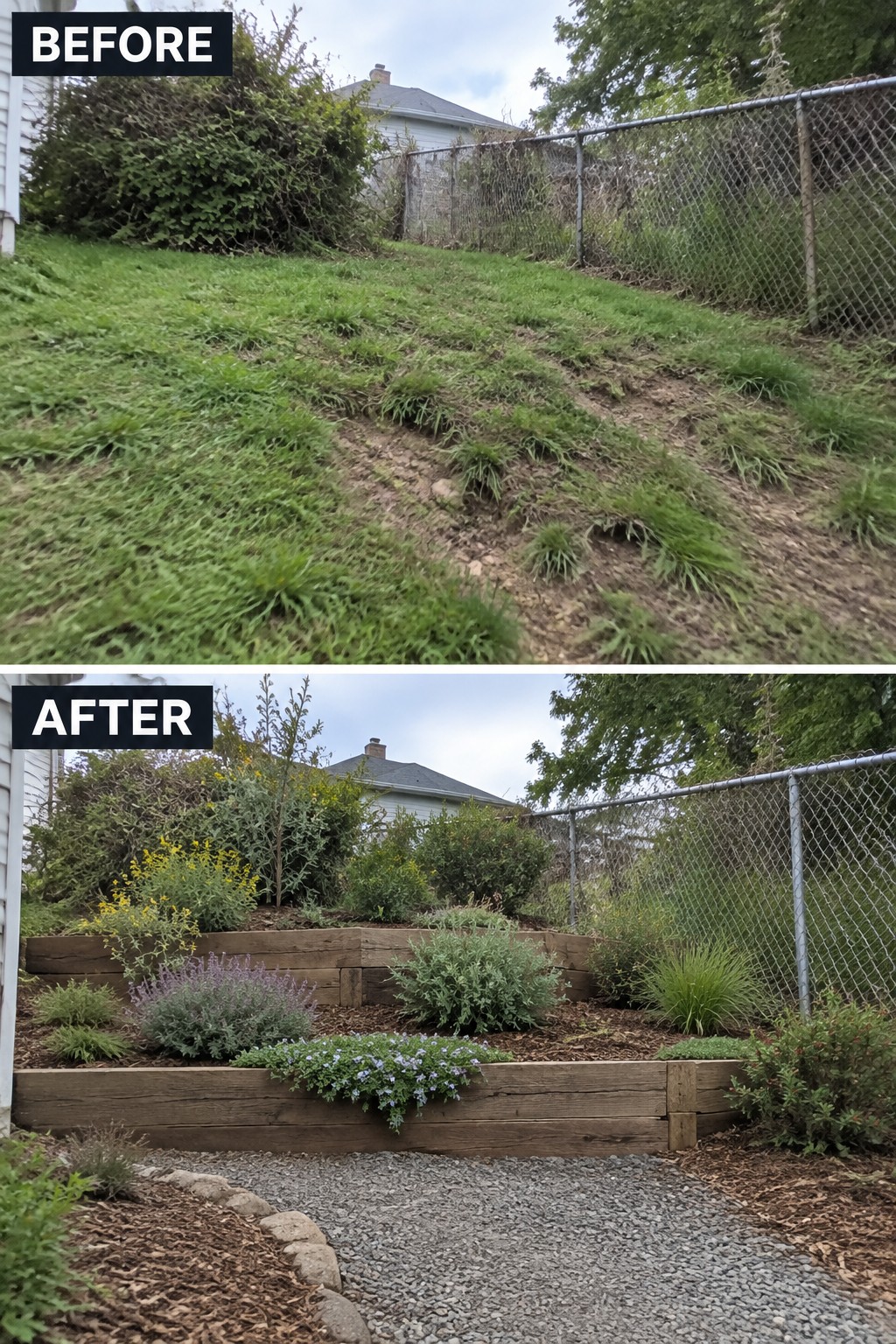 Before-and-after image of a sloped yard changed into tiered garden beds with wooden retaining walls and planted borders.