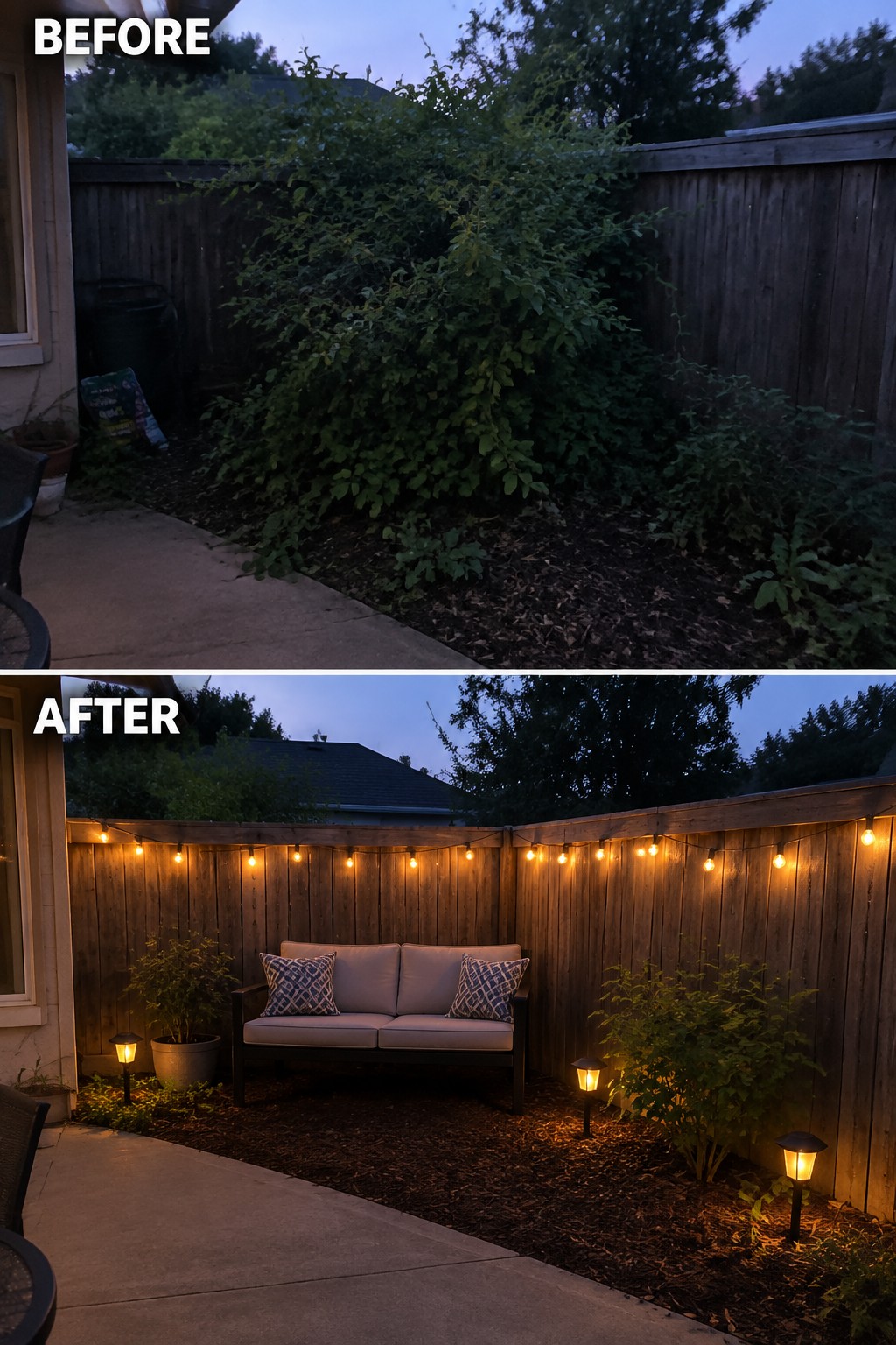 Before-and-after backyard with overgrown bush transformed into string-lit fence, sofa and lights