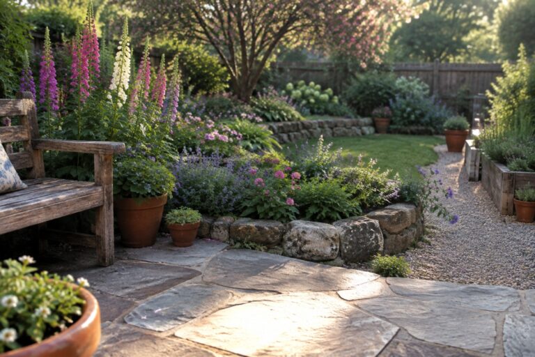 A stone pathway curves past layered flower beds with tall pink blooms at the back, shorter purple and pink flowers in front, terracotta pots, a wooden bench, and a low stone retaining wall.
