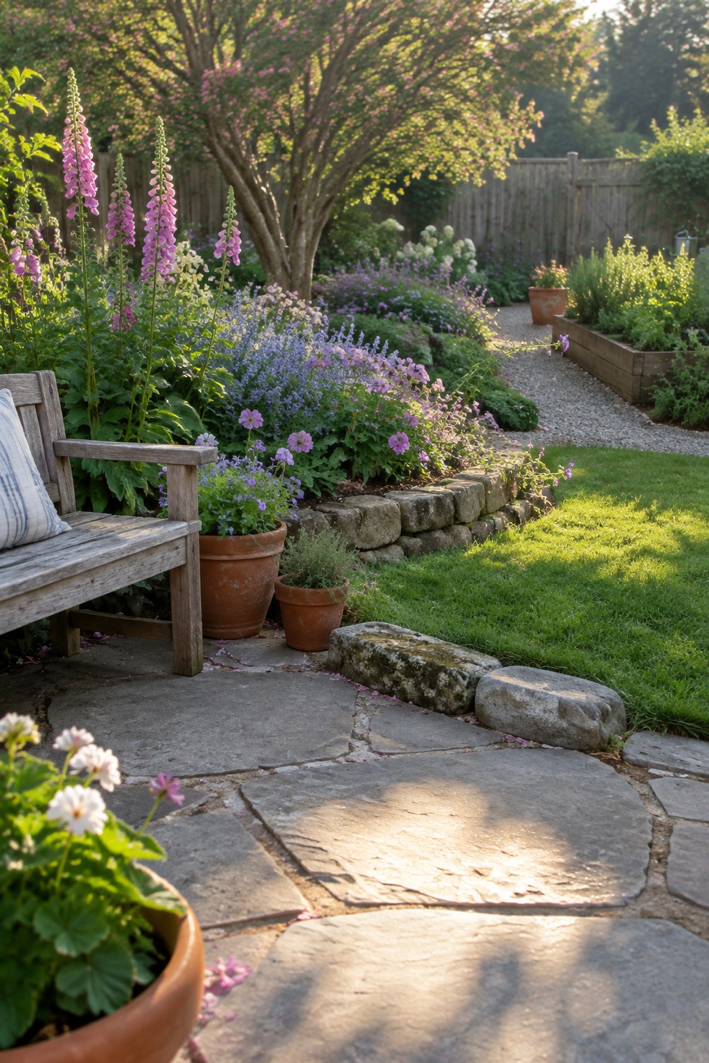 A stone pathway curves past layered flower beds with tall pink blooms at the back, shorter purple and pink flowers in front, terracotta pots, a wooden bench, and a low stone retaining wall.