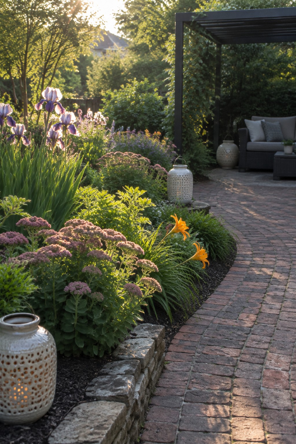 A backyard garden with layered flower beds featuring purple irises, pink sedum, and orange daylilies along a curving brick path bordered by stone edging.