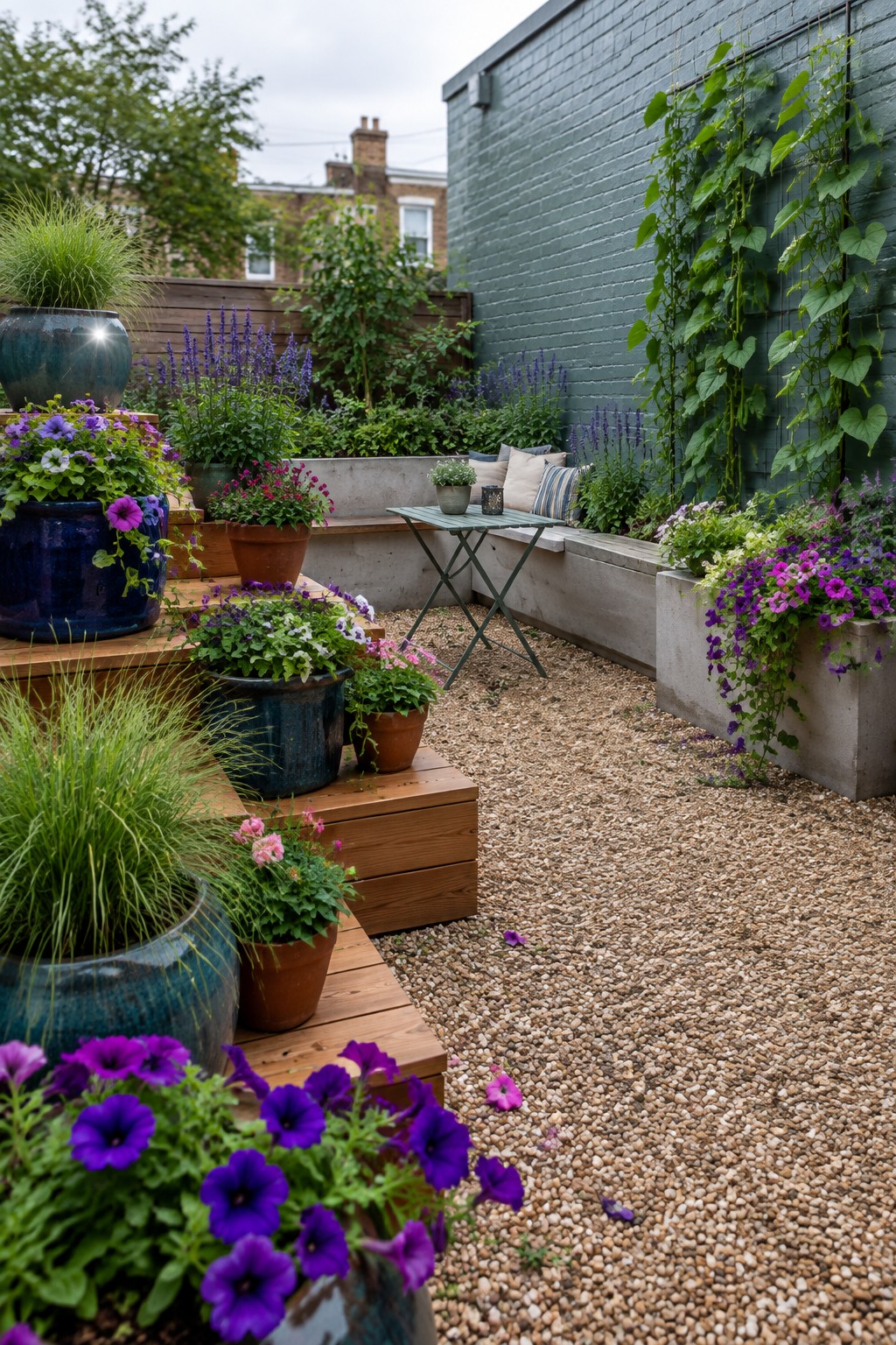 Lush patio garden with colorful potted flowers on wooden steps and vine-covered green wall.