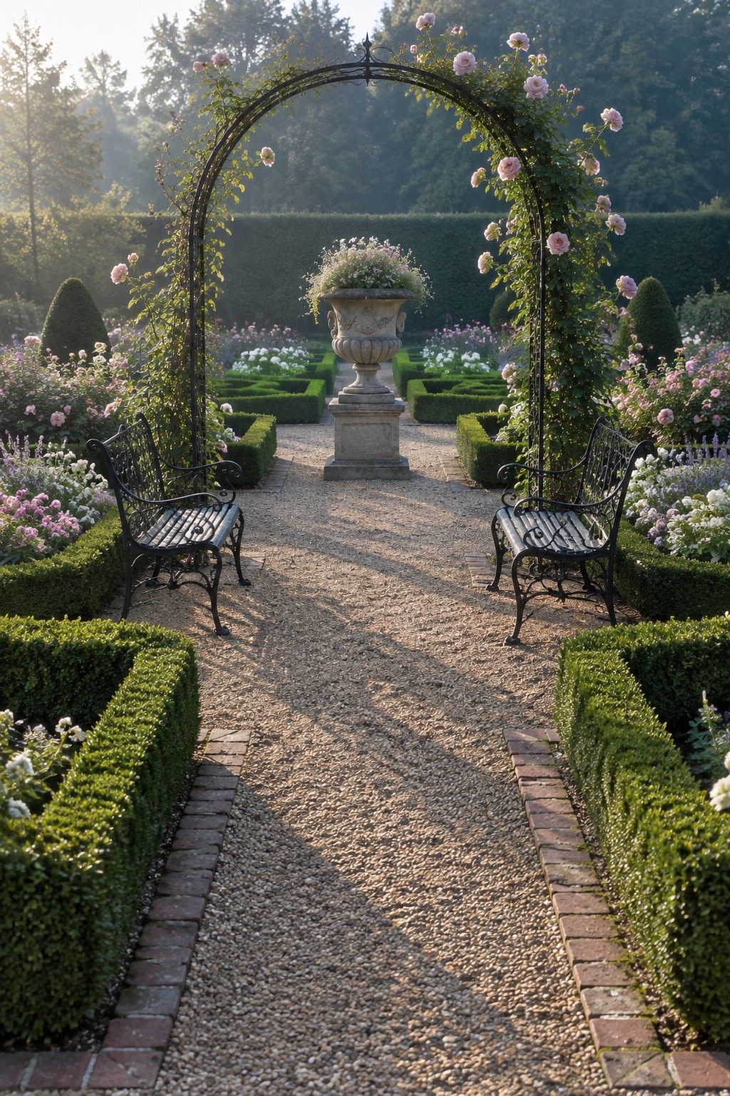 A gravel path runs between layered flower beds with boxwood hedges, a rose-covered arch, and two black metal benches.