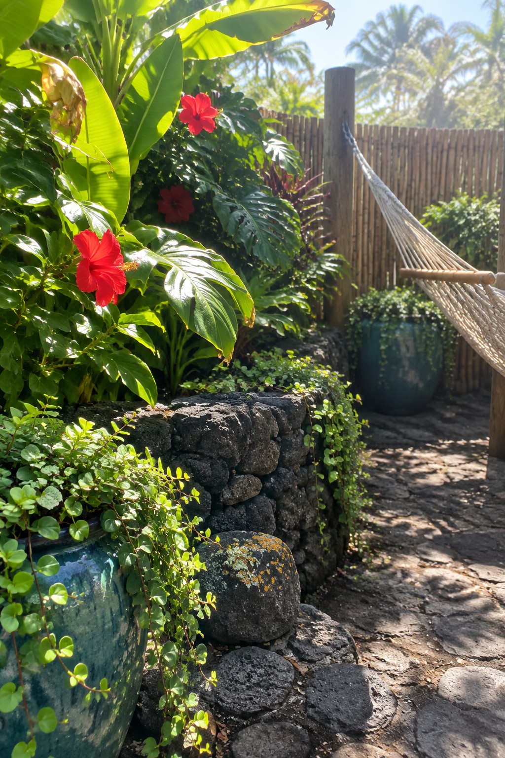 Lush tropical garden with red hibiscus flowers, stone wall, hammock, and blue pots.