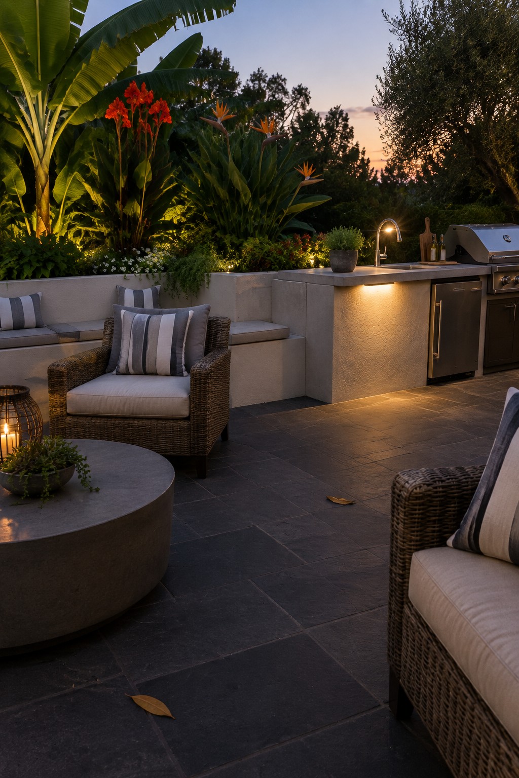 Twilight patio with wicker seating, concrete kitchen island, and lush tropical plants