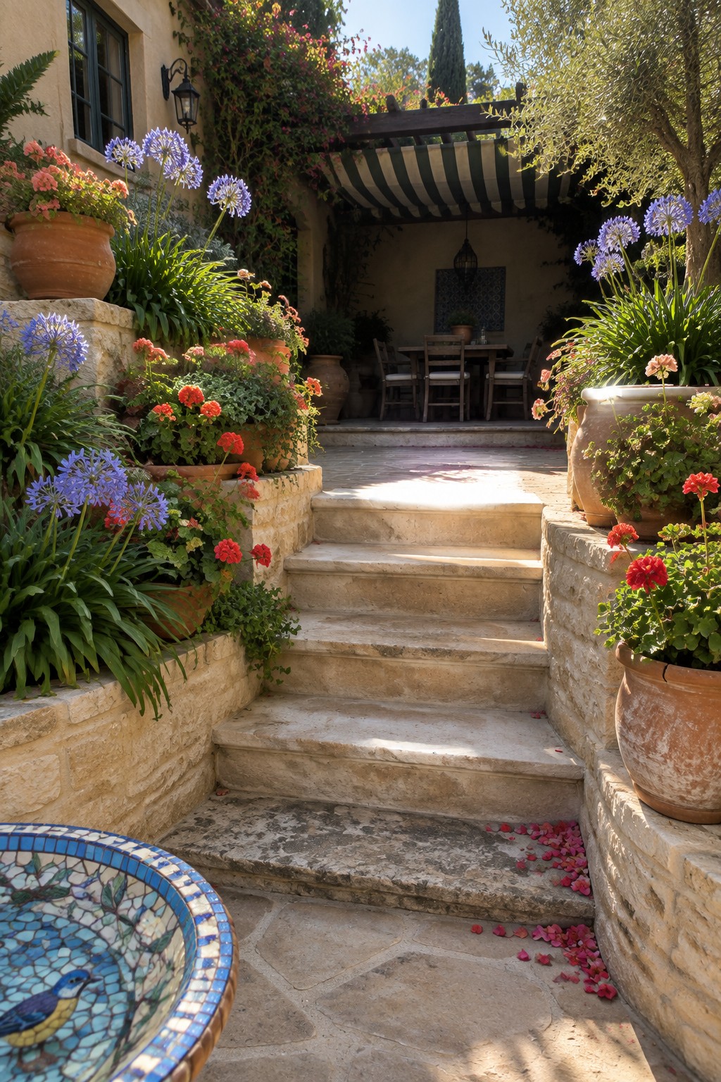 A stone staircase flanked by walls holding terracotta pots of red and purple flowers leads up to a patio with a dining table under a striped awning.