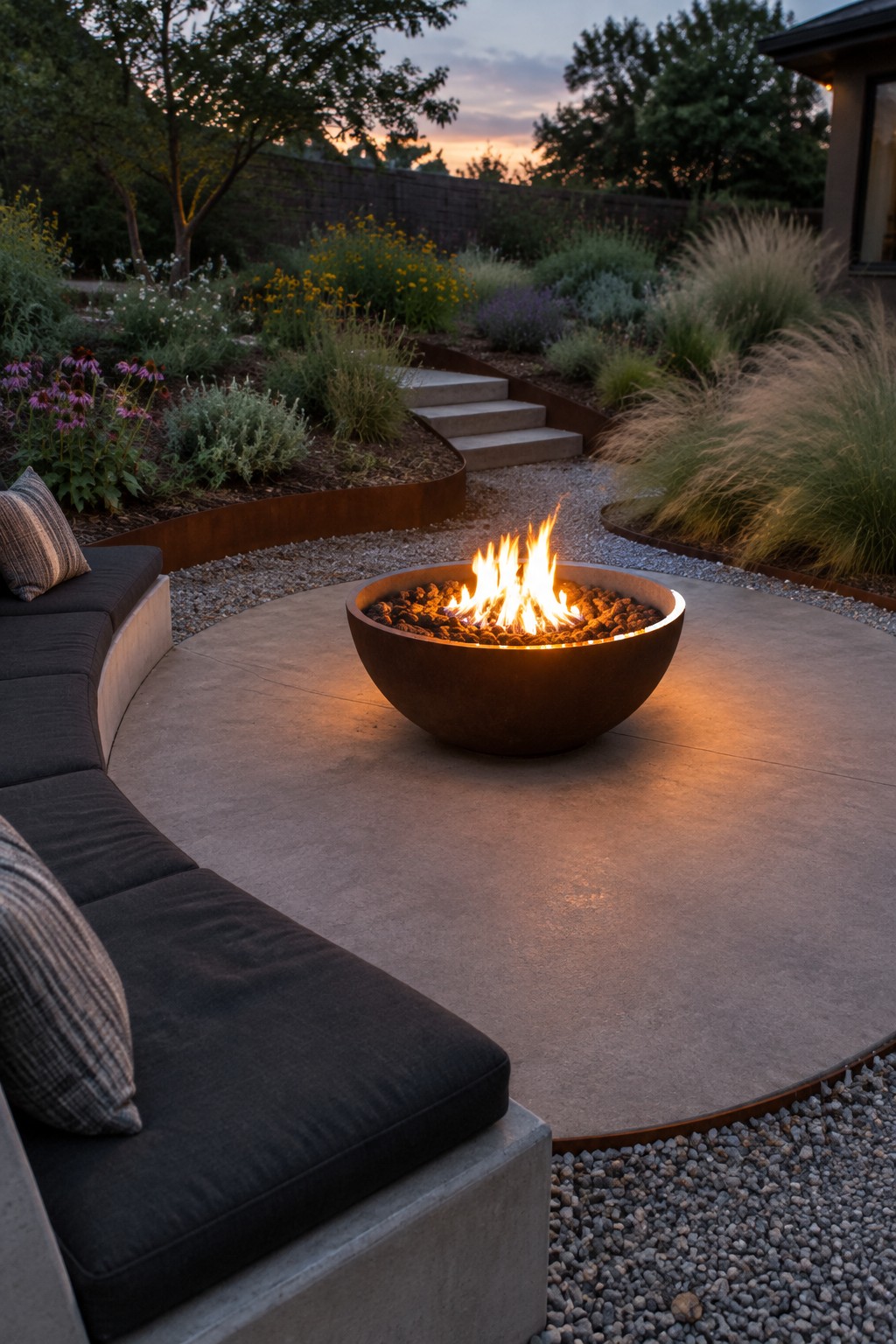 Curved seating encircles glowing fire pit on concrete patio amid garden at dusk