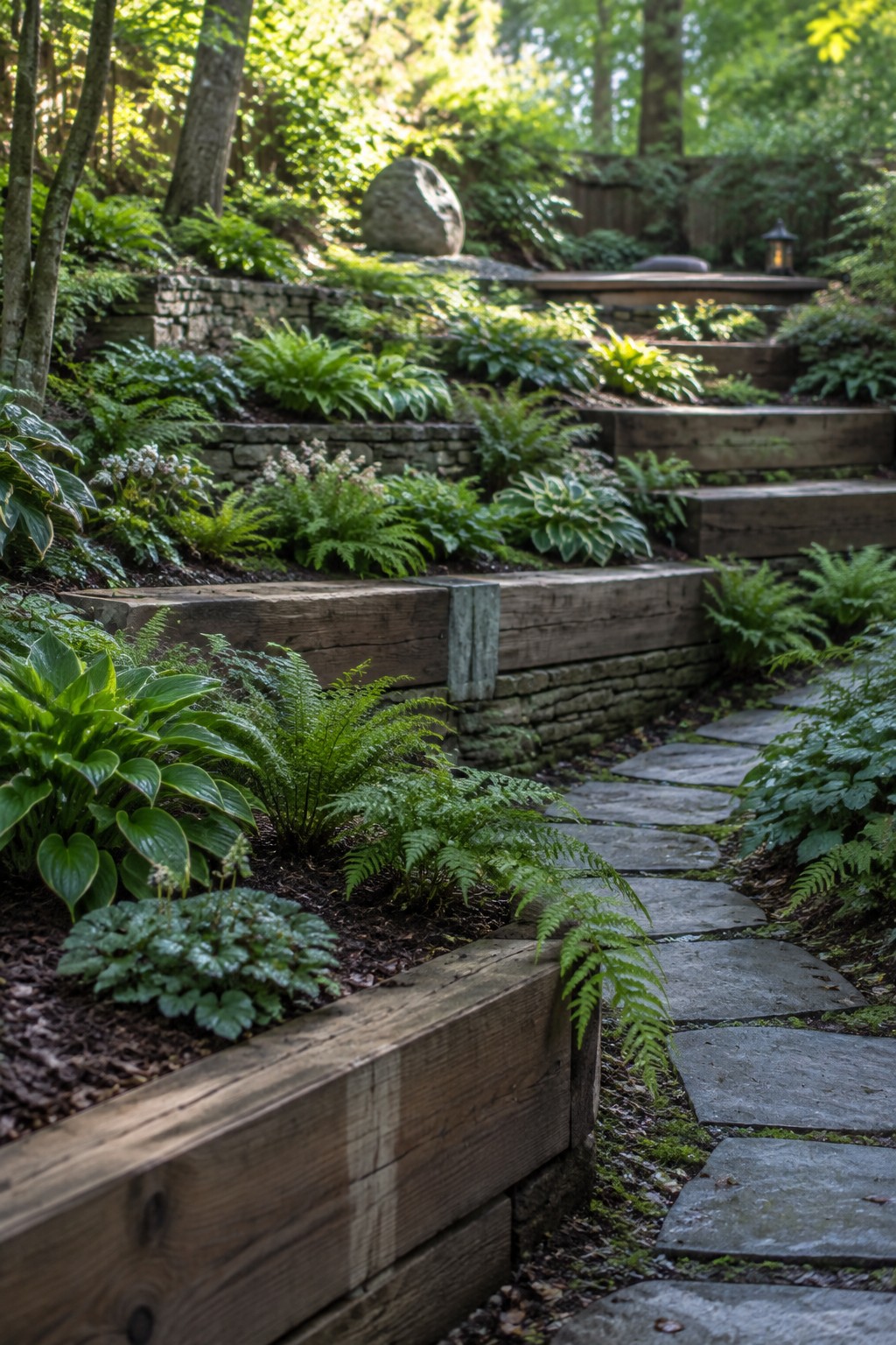 Terraced woodland garden with wooden steps, stone path, ferns, and hostas