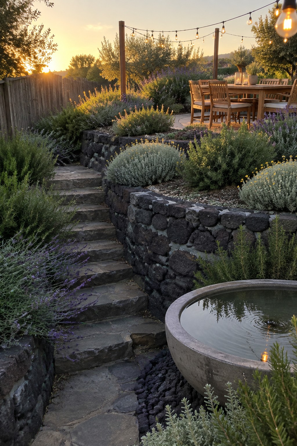 A backyard garden with tiered stone retaining walls holding layered shrubs and purple flowering plants, stone steps on the left, a round concrete water basin in the foreground, and a wooden dining table on a raised patio in the background at sunset.