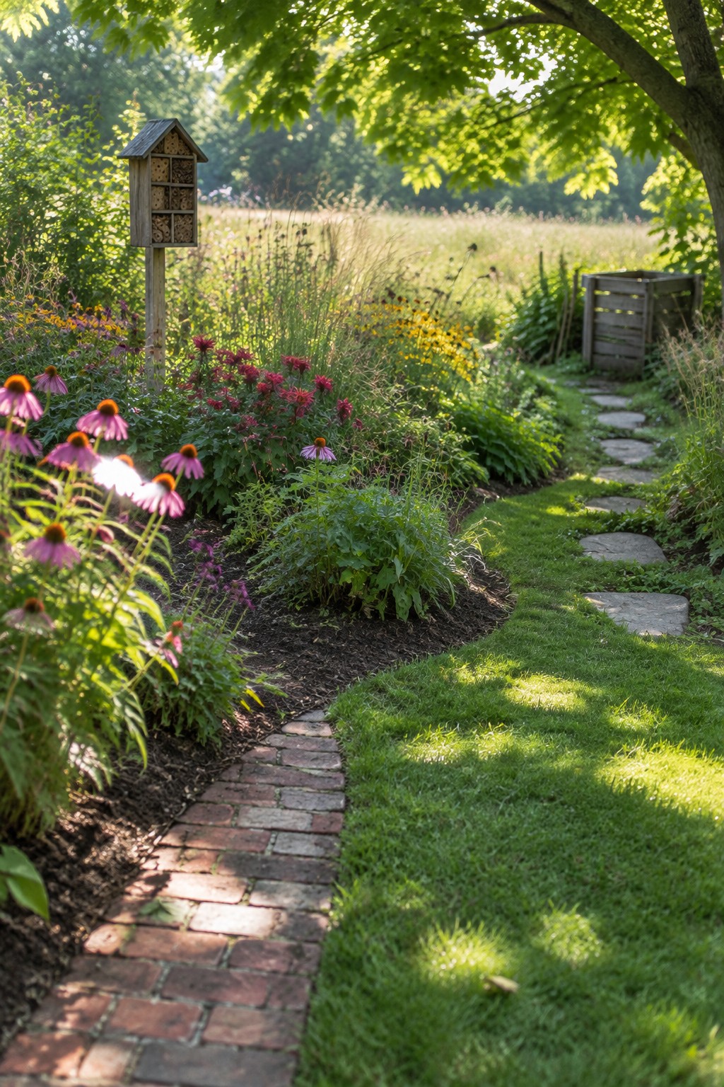 A winding garden path bordered by layered flower beds with pink coneflowers and mixed greenery, next to a strip of grass and stepping stones.