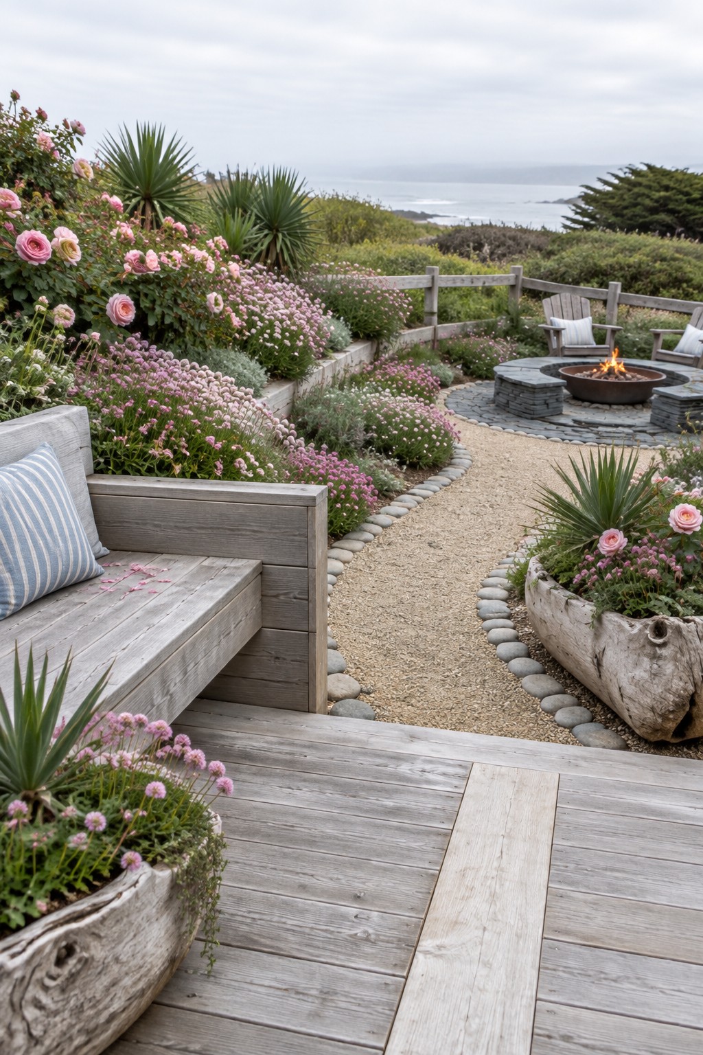 A backyard garden scene showing layered flower beds in raised wooden planters along a gravel path, with a stone fire pit visible in the distance.