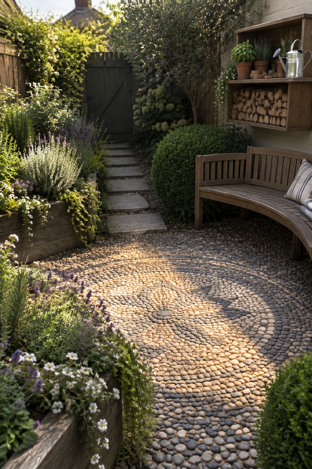 A backyard garden with layered plants in wooden raised beds, a curved wooden bench, and a pebble mosaic patio leading to a gate.