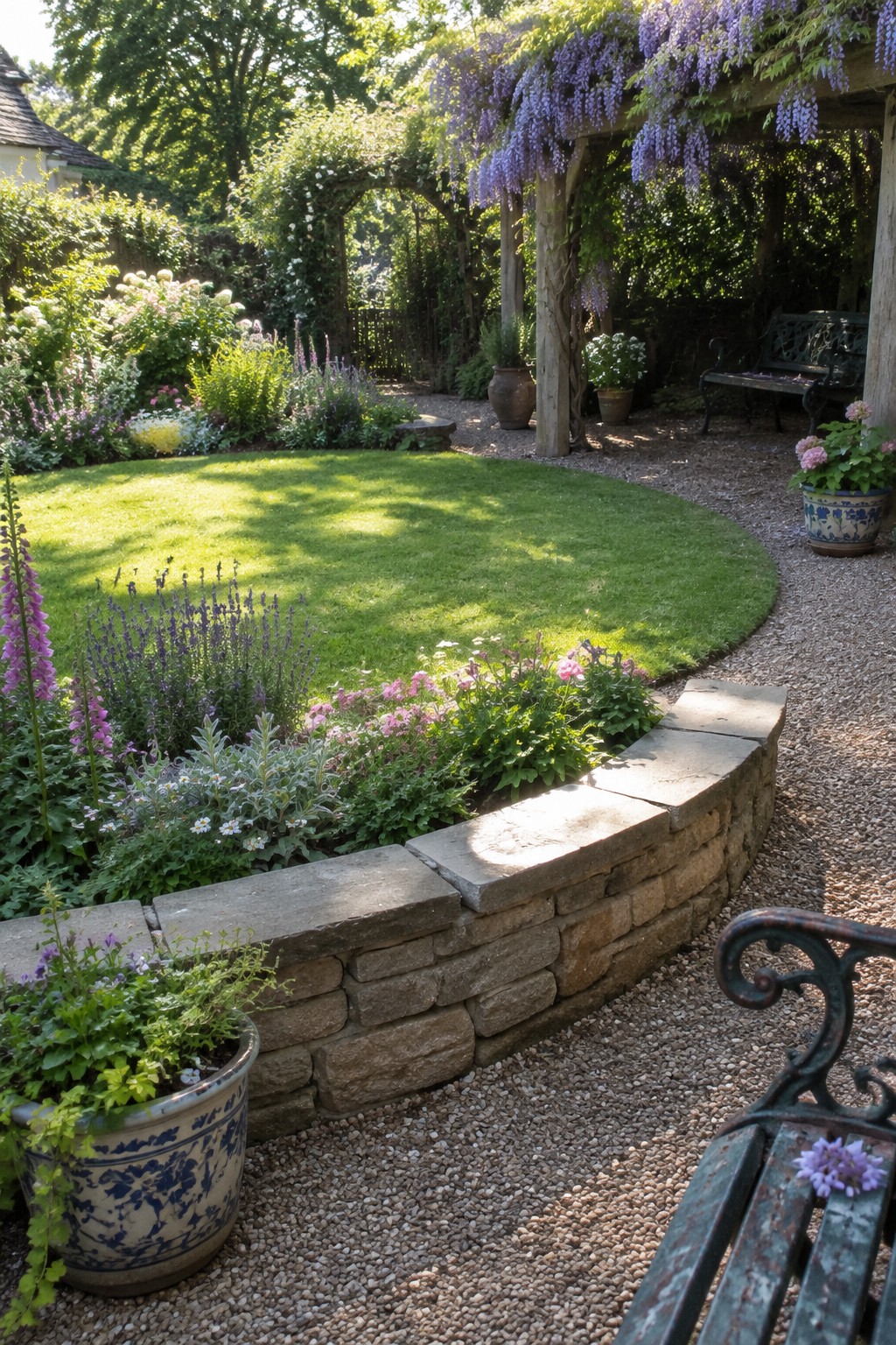 Lush garden with curved lawn, stone wall, gravel path, and blooming wisteria.