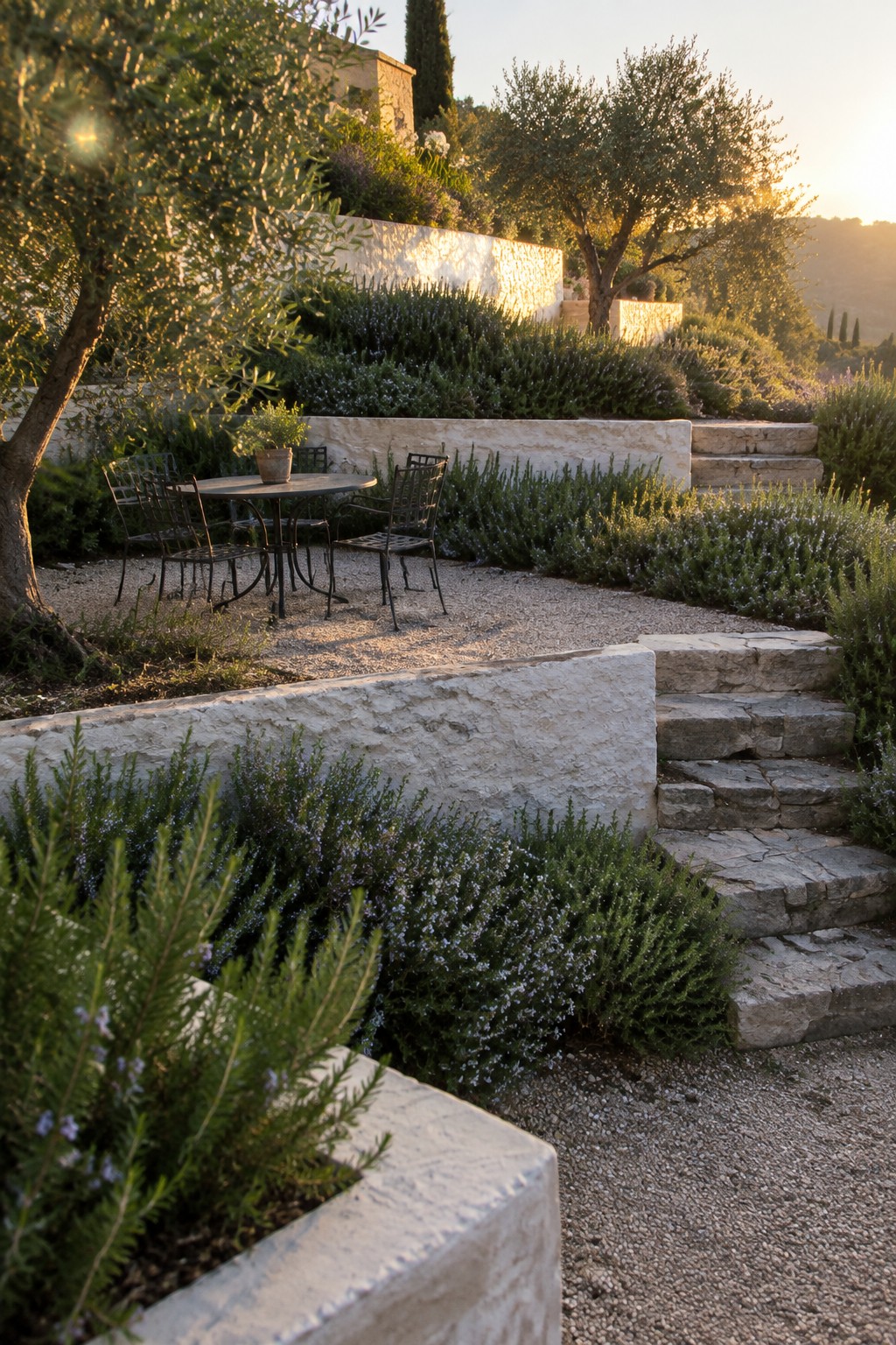 A terraced backyard garden with low stone retaining walls, layered shrubs and flowering plants, gravel paths, and stone steps.