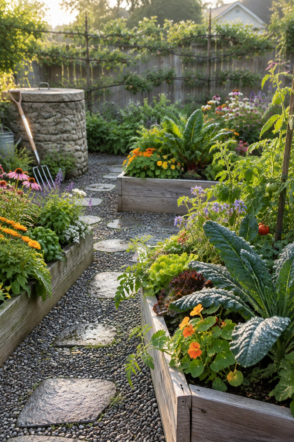 A backyard garden with multiple raised wooden beds filled with layered flowers and vegetables, separated by a gravel path with flat stepping stones.